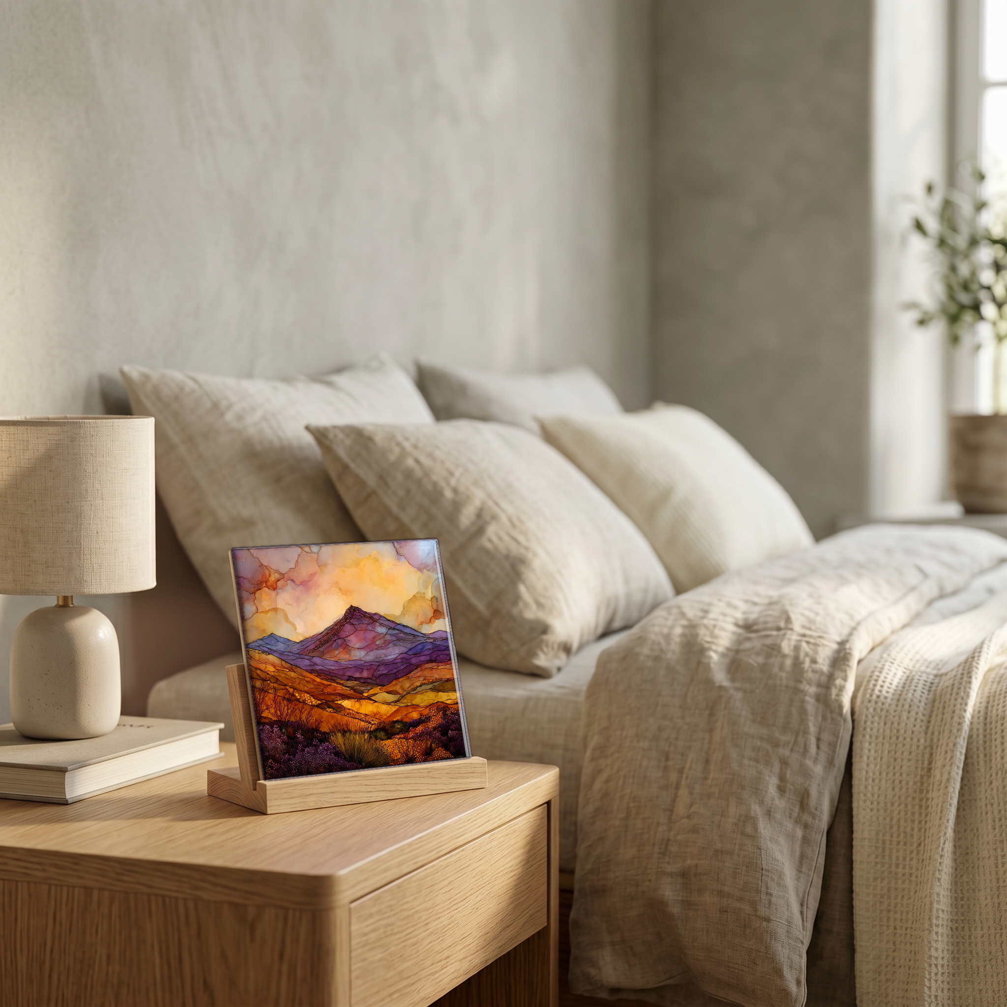 On the nightstand, on a light oak stand.