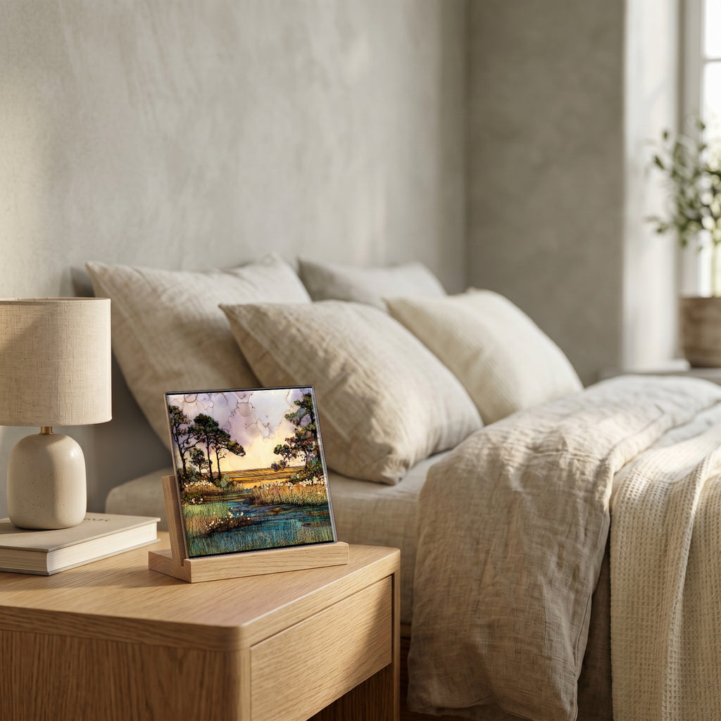 On the nightstand, catching the morning.