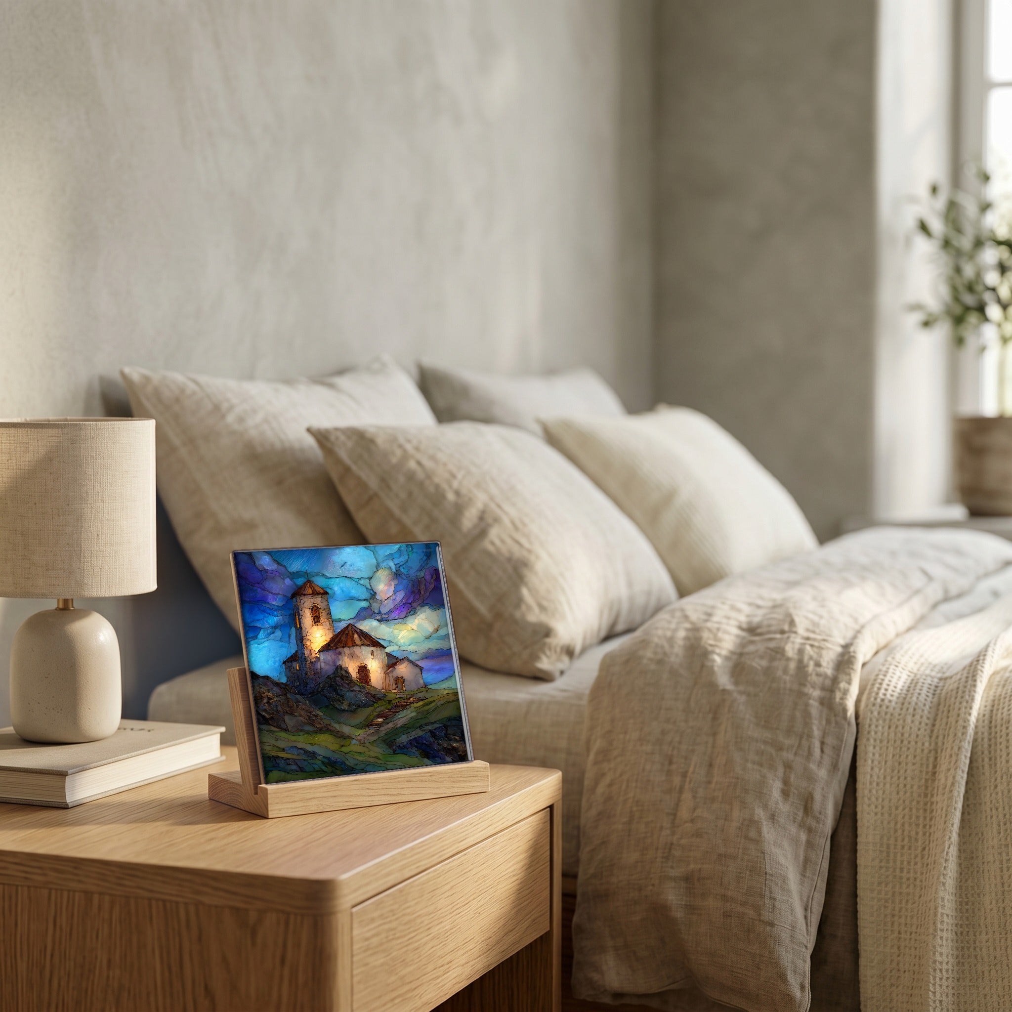 On the nightstand, catching the morning.