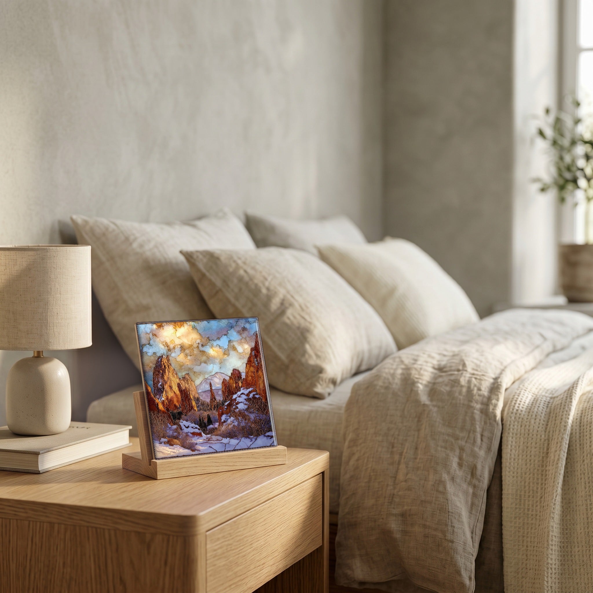 On the nightstand, on a light oak stand.