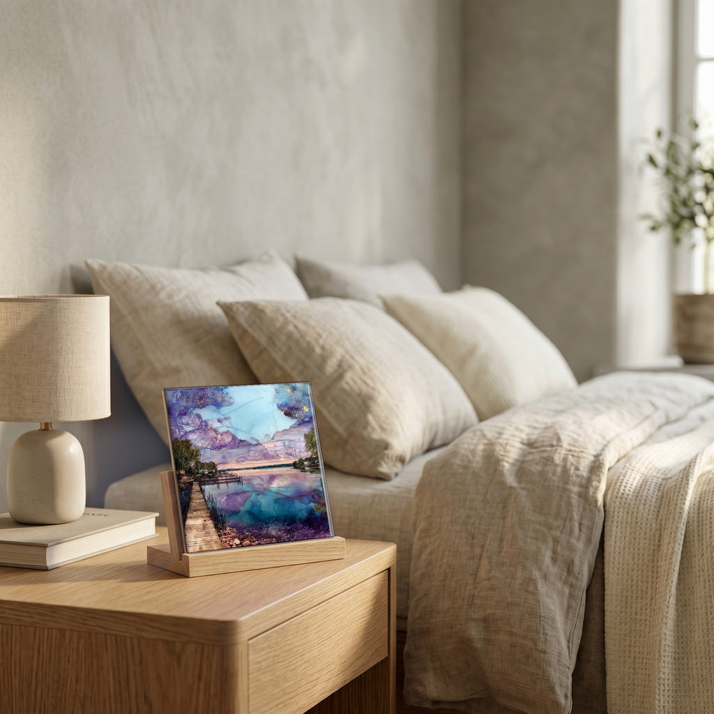 On the nightstand, catching the morning.