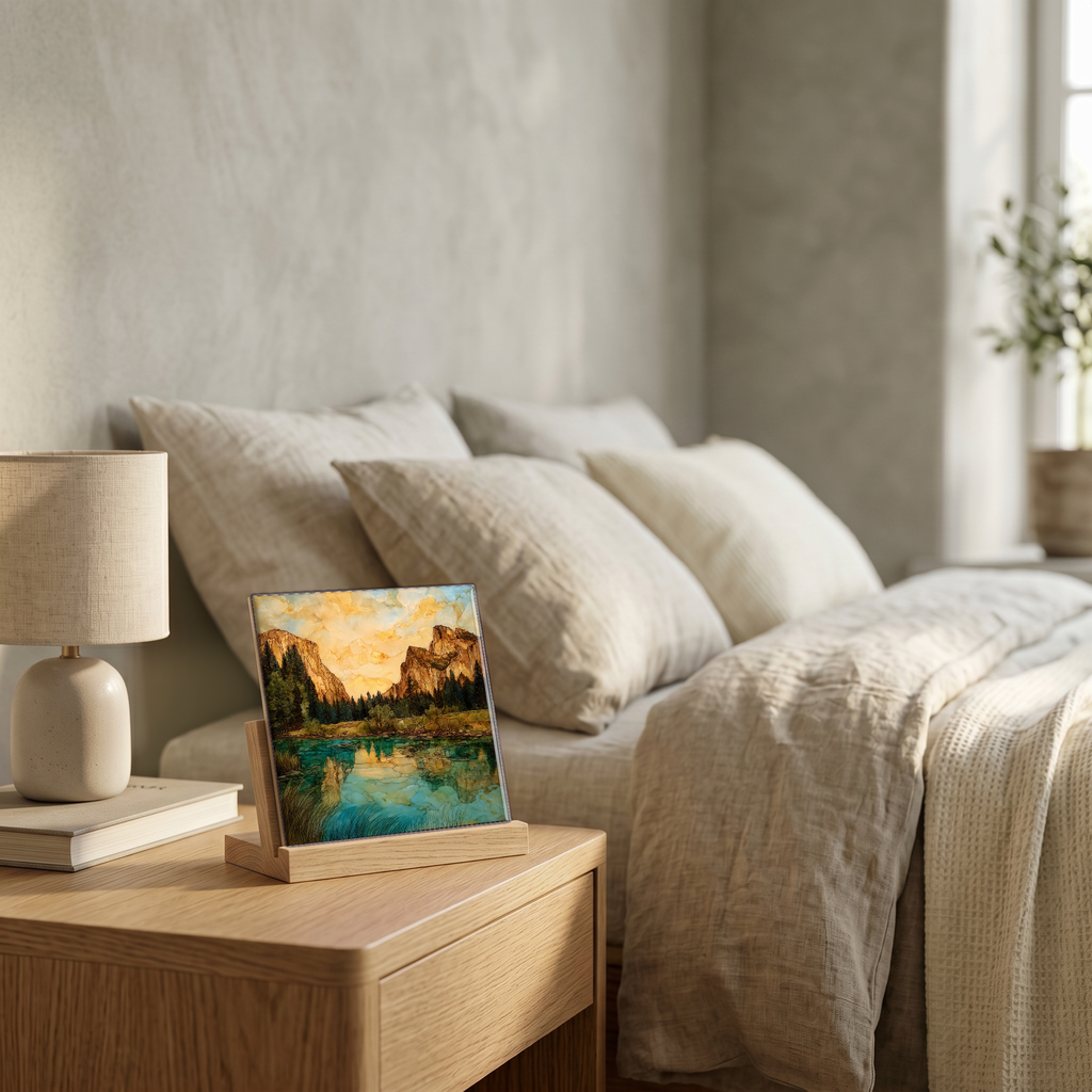 On the nightstand, on a light oak stand.