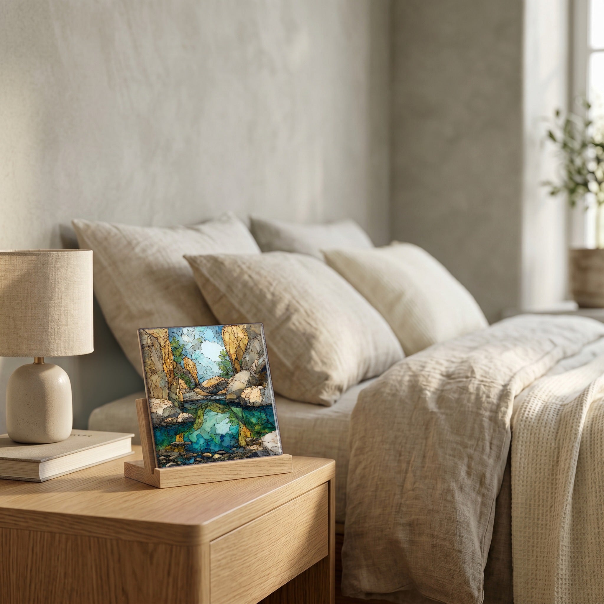 On the nightstand, catching the morning.