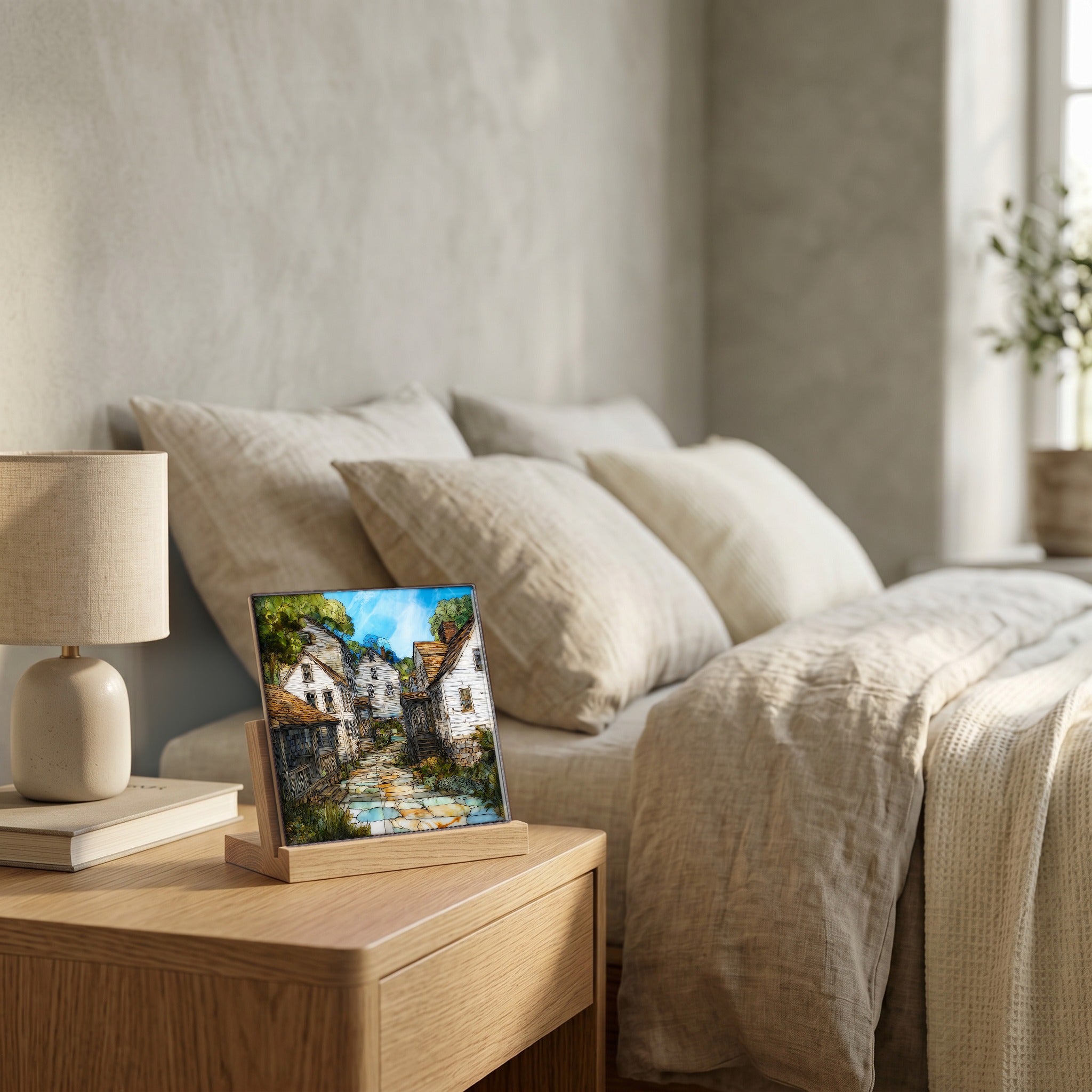 On the nightstand, catching the morning.