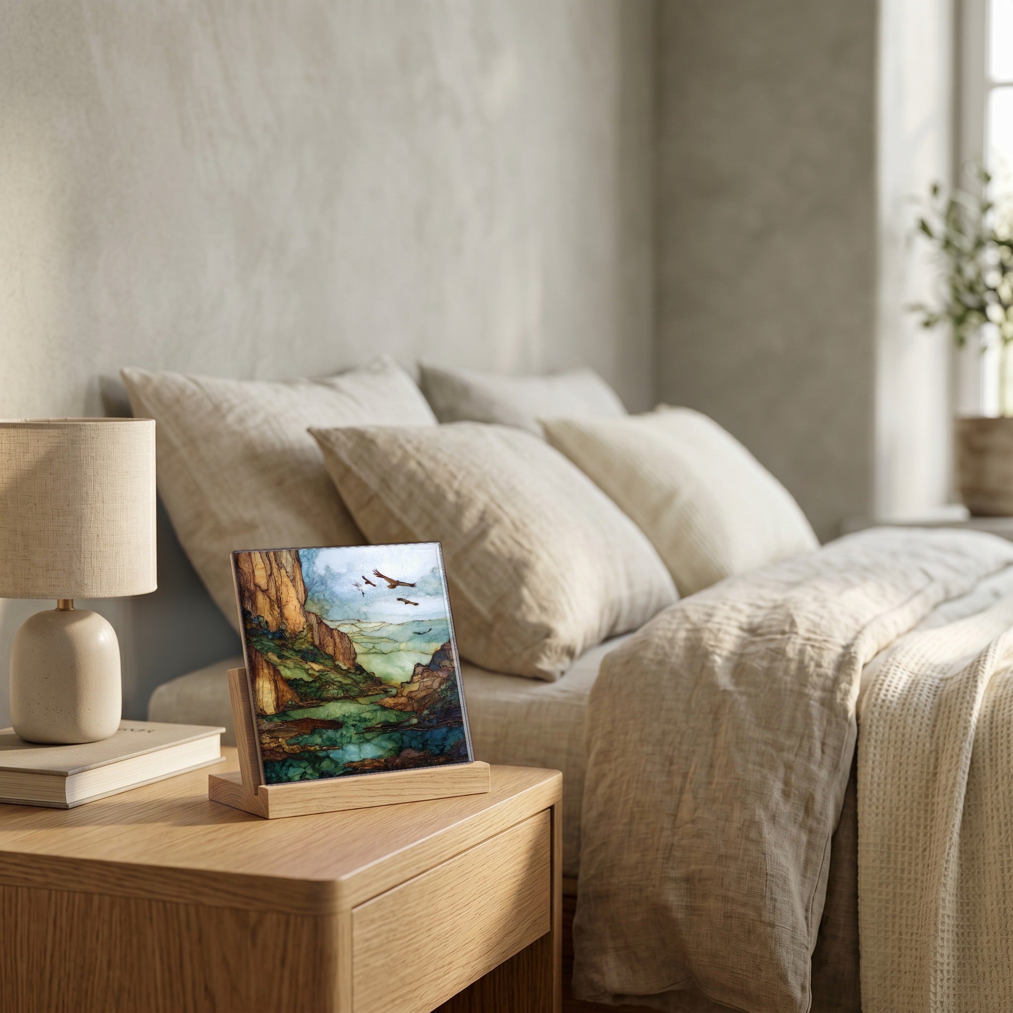 On the nightstand, catching the morning.
