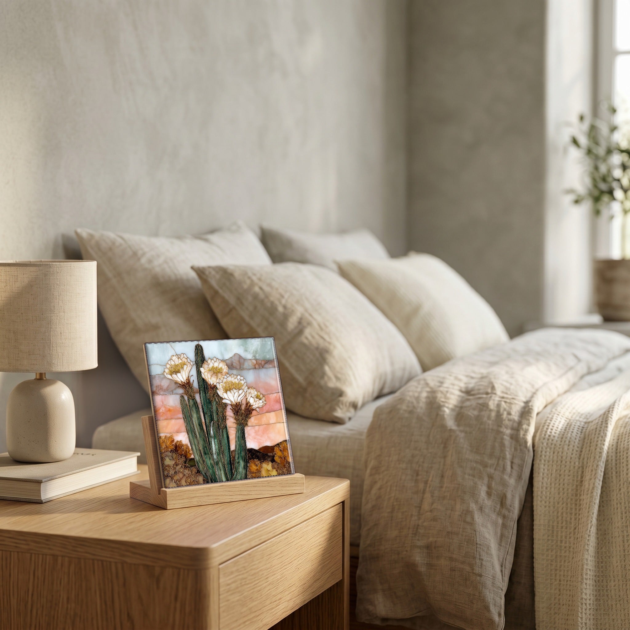 On the nightstand, catching the morning.