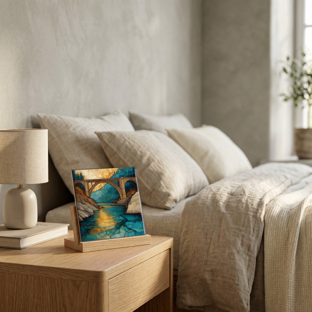 On the nightstand, catching the morning.