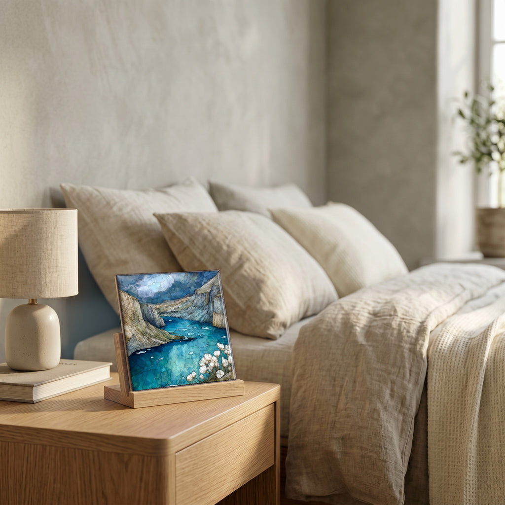 On the nightstand, catching the morning.