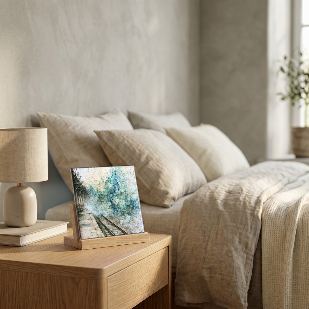 On the nightstand, catching the morning.