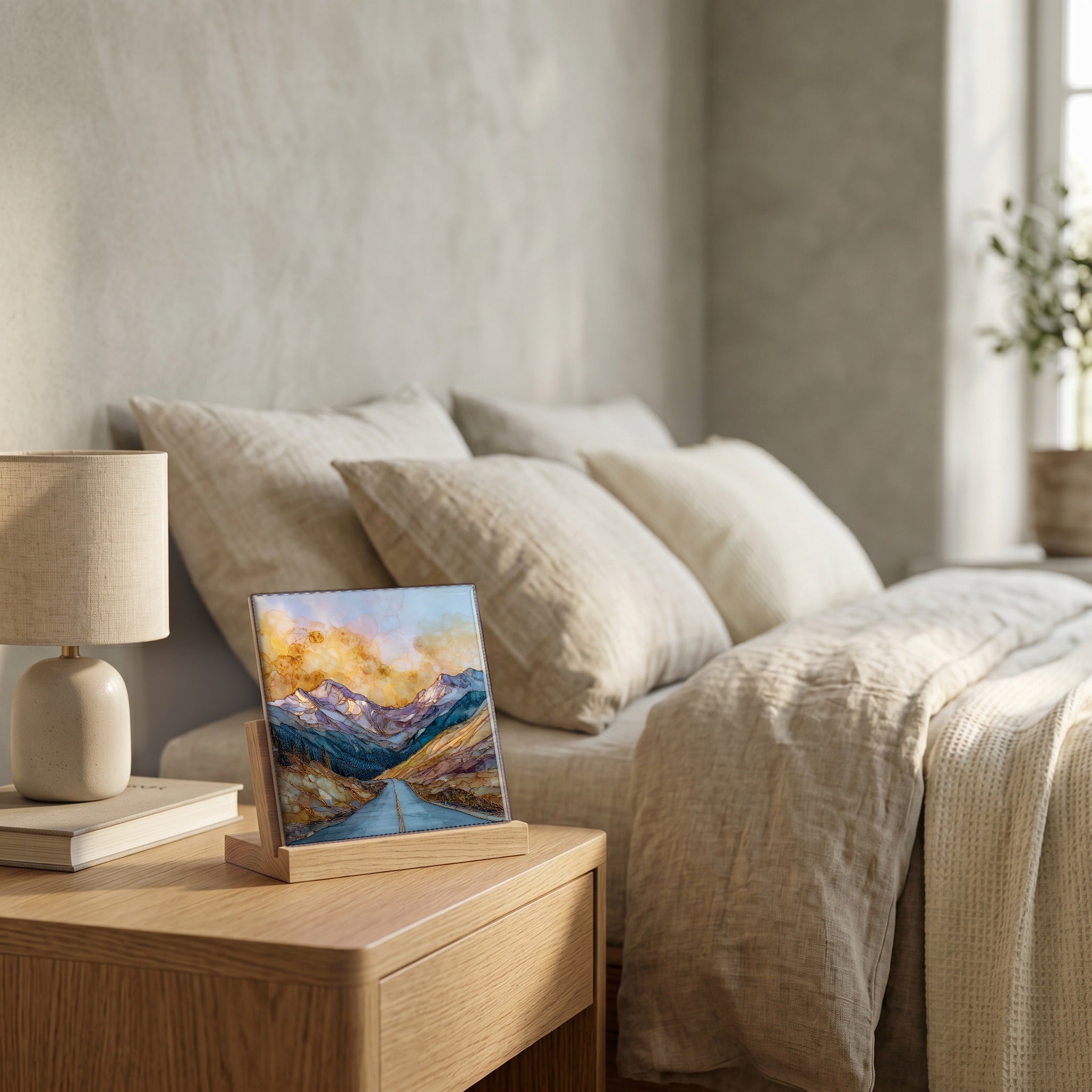 On the nightstand, on a light oak stand.