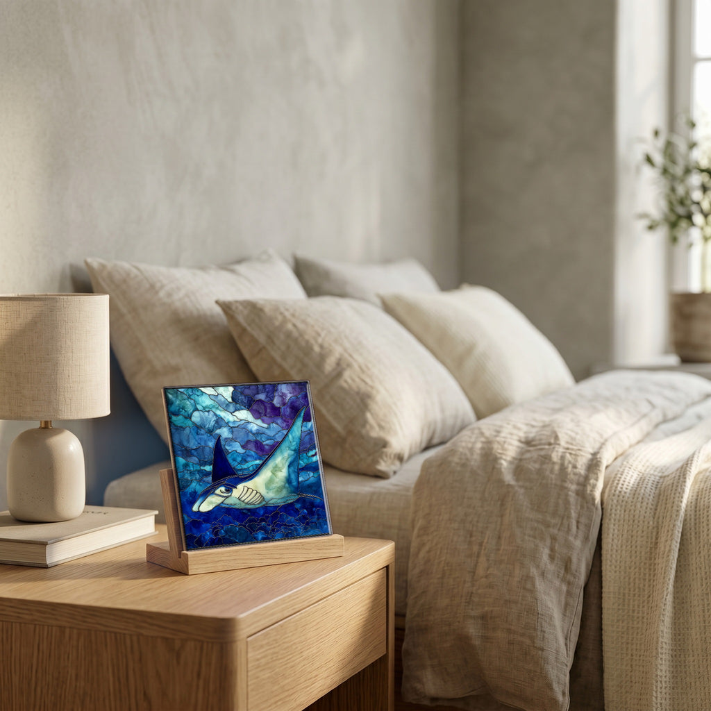 On the nightstand, on a light oak stand.
