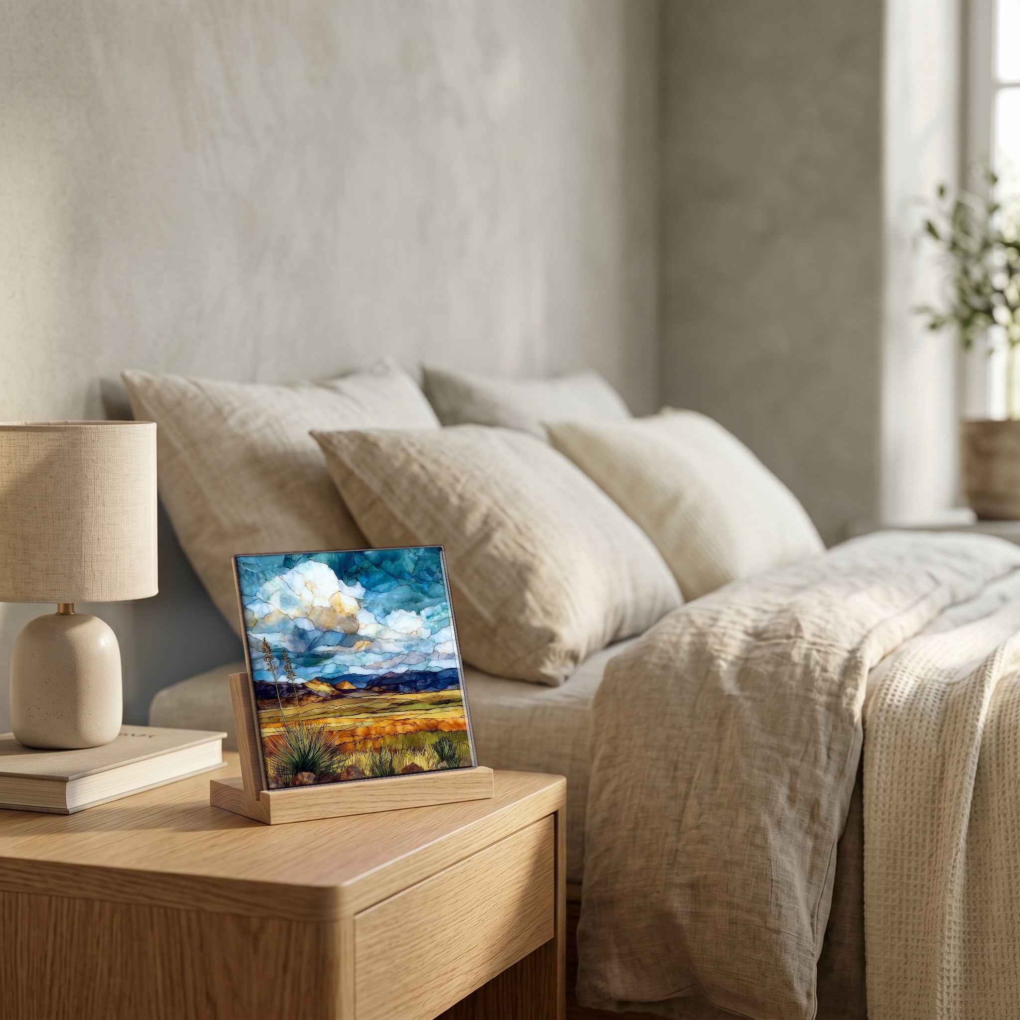 On the nightstand, catching the morning.