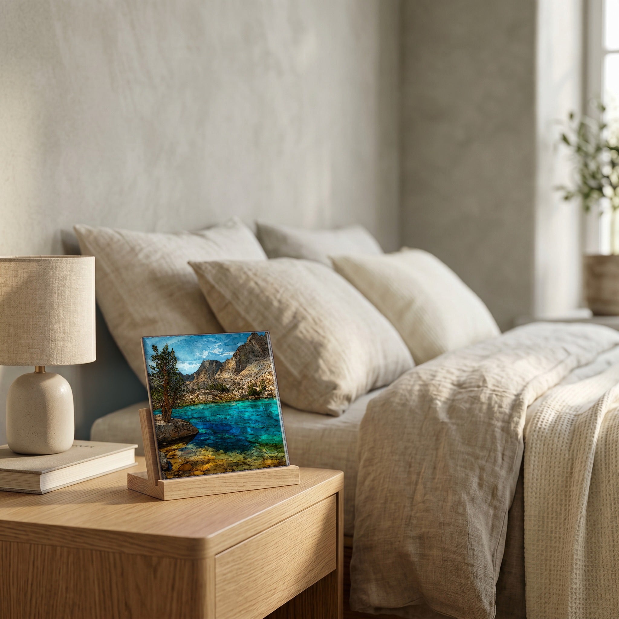 On the nightstand, catching the morning.