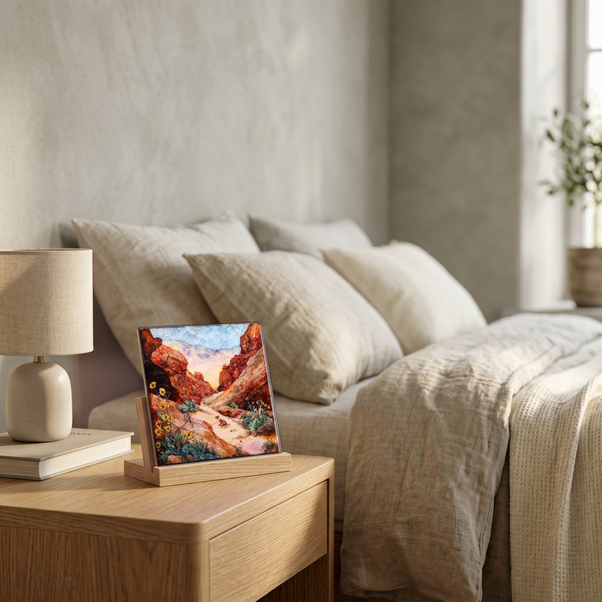 On the nightstand, catching the morning.