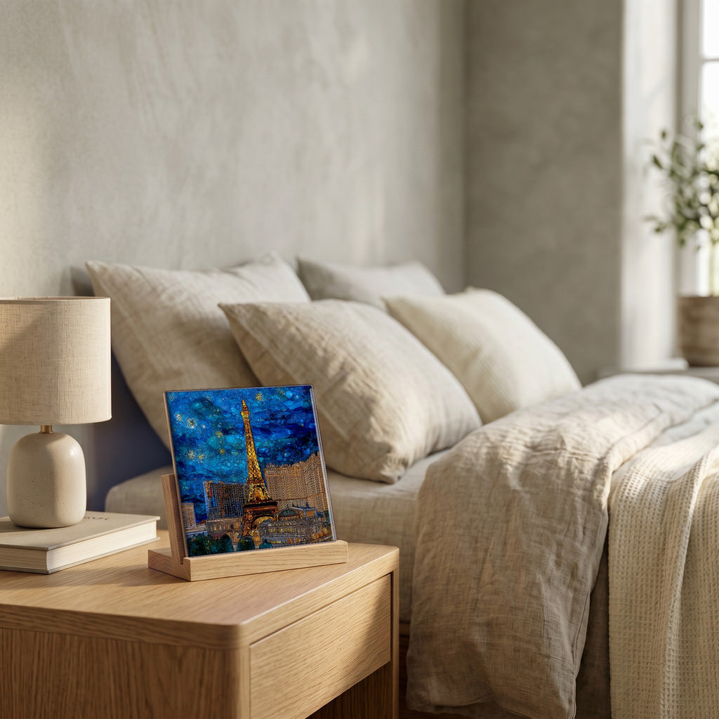 On the nightstand, catching the morning.