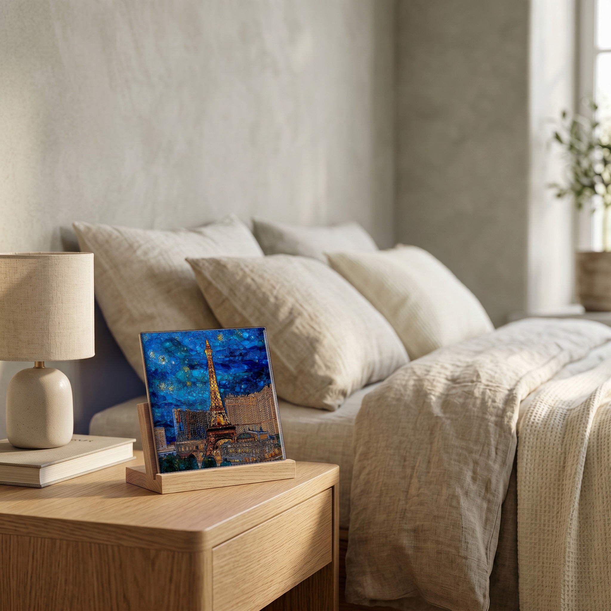 On the nightstand, catching the morning.
