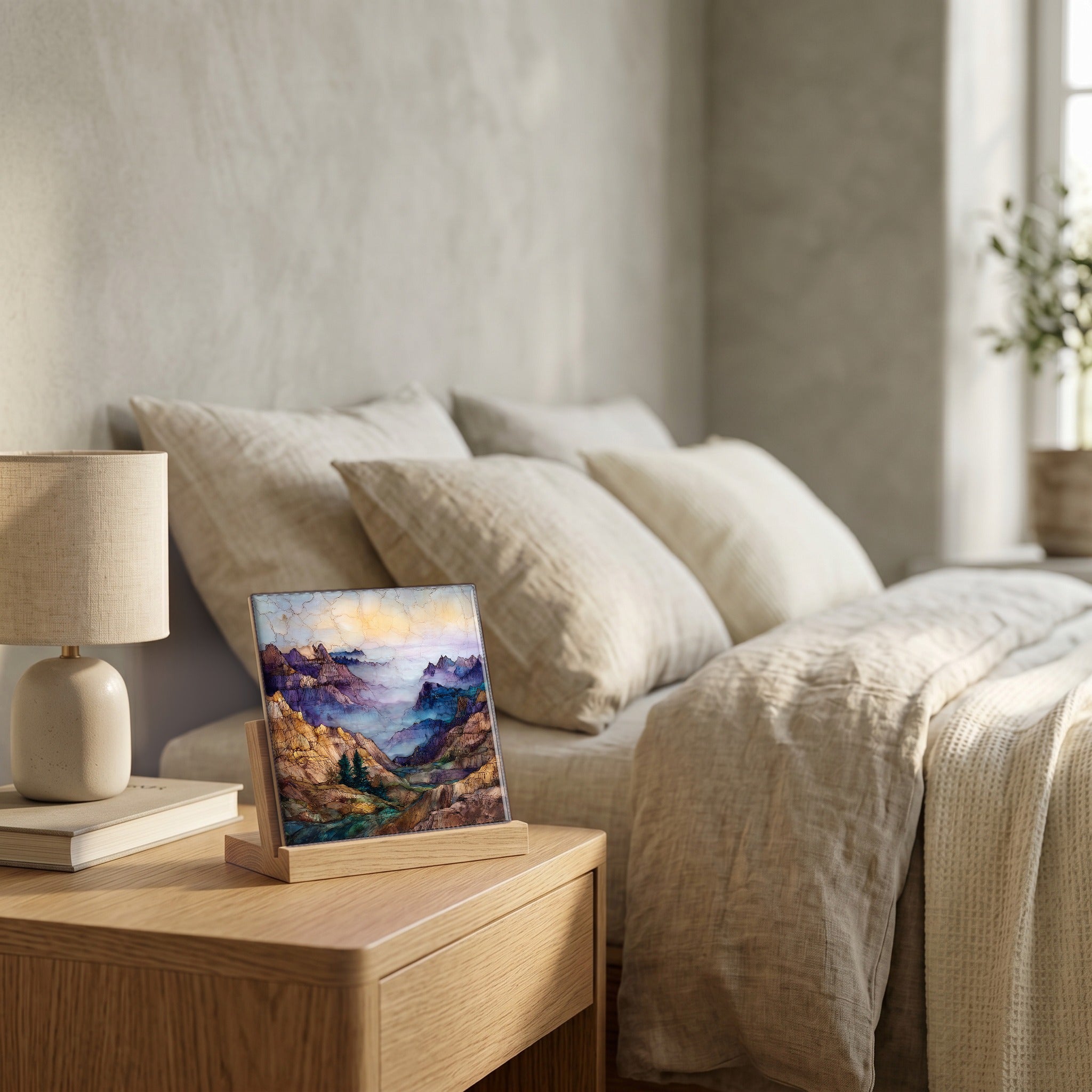 On the nightstand, catching the morning.