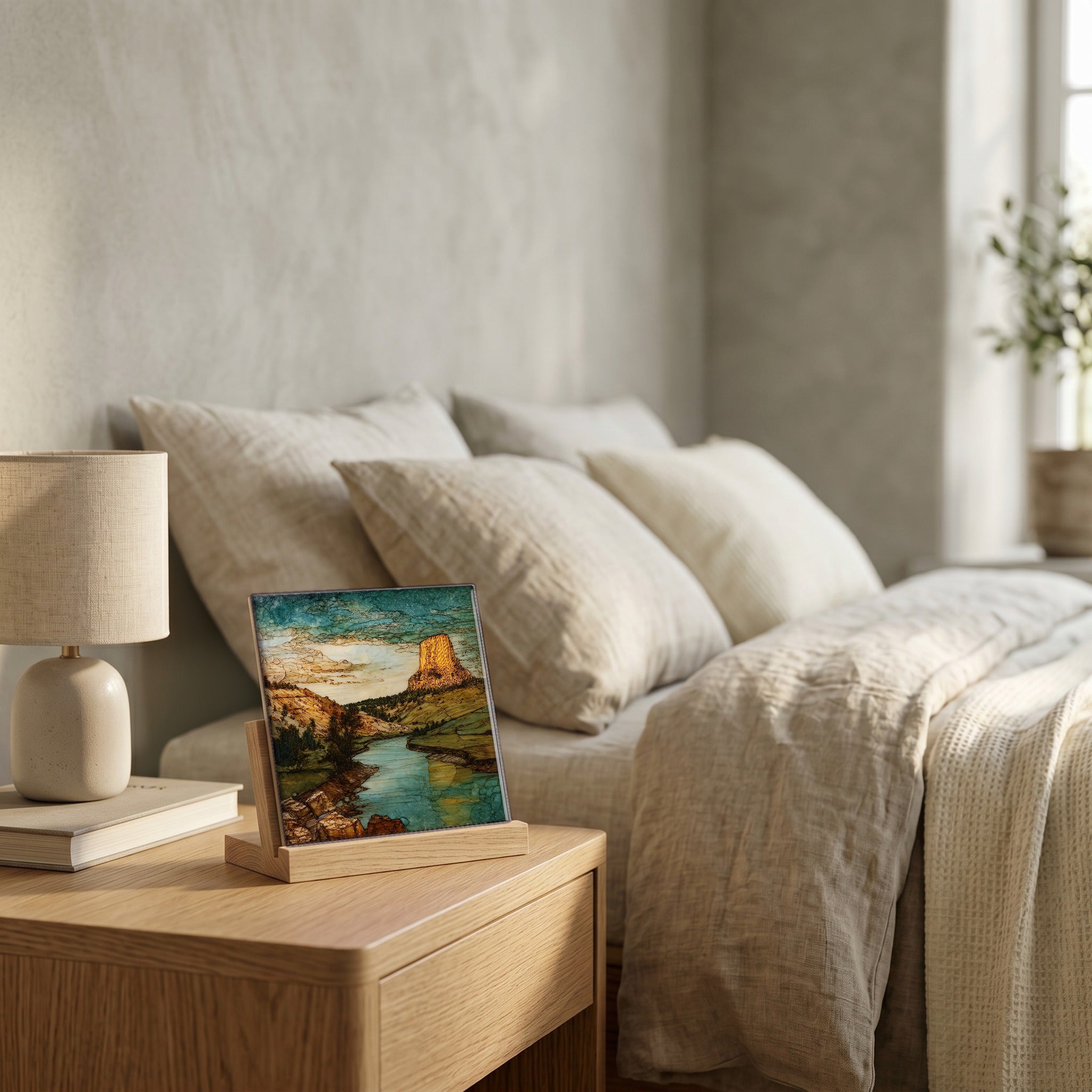 On the nightstand, catching the morning.