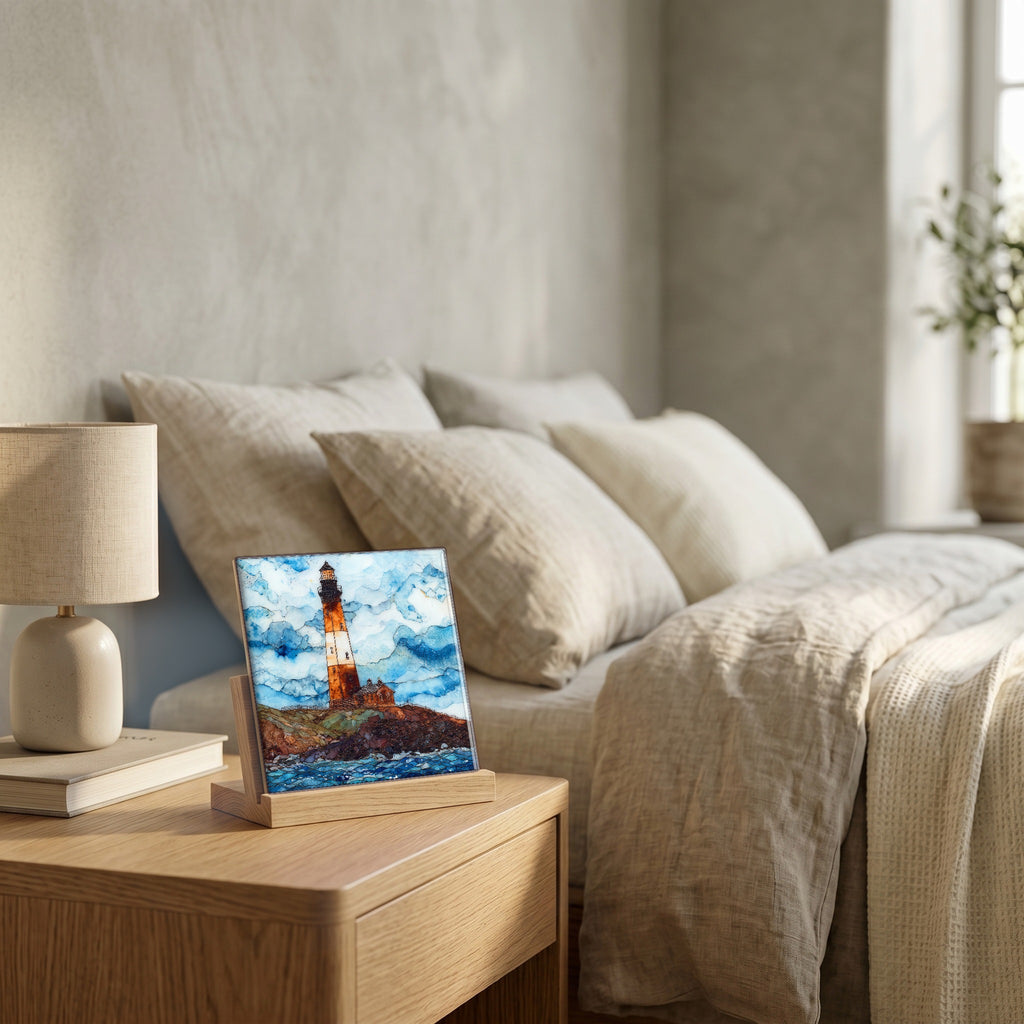 On the nightstand, catching the morning.