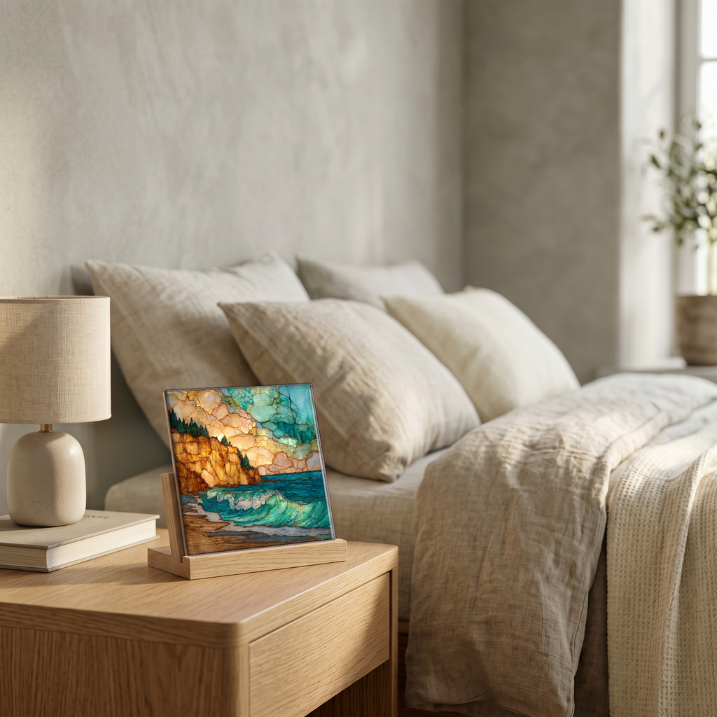 On the nightstand, on a light oak stand.