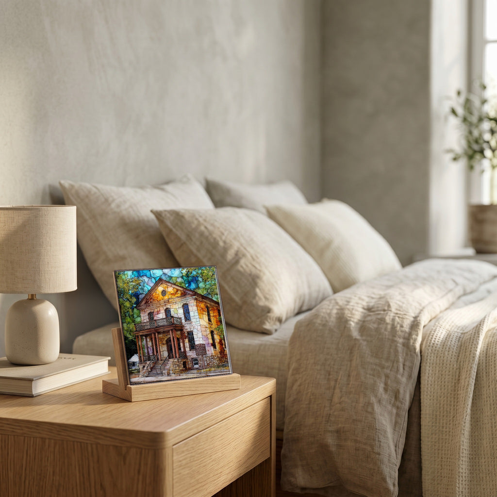 On the nightstand, catching the morning.
