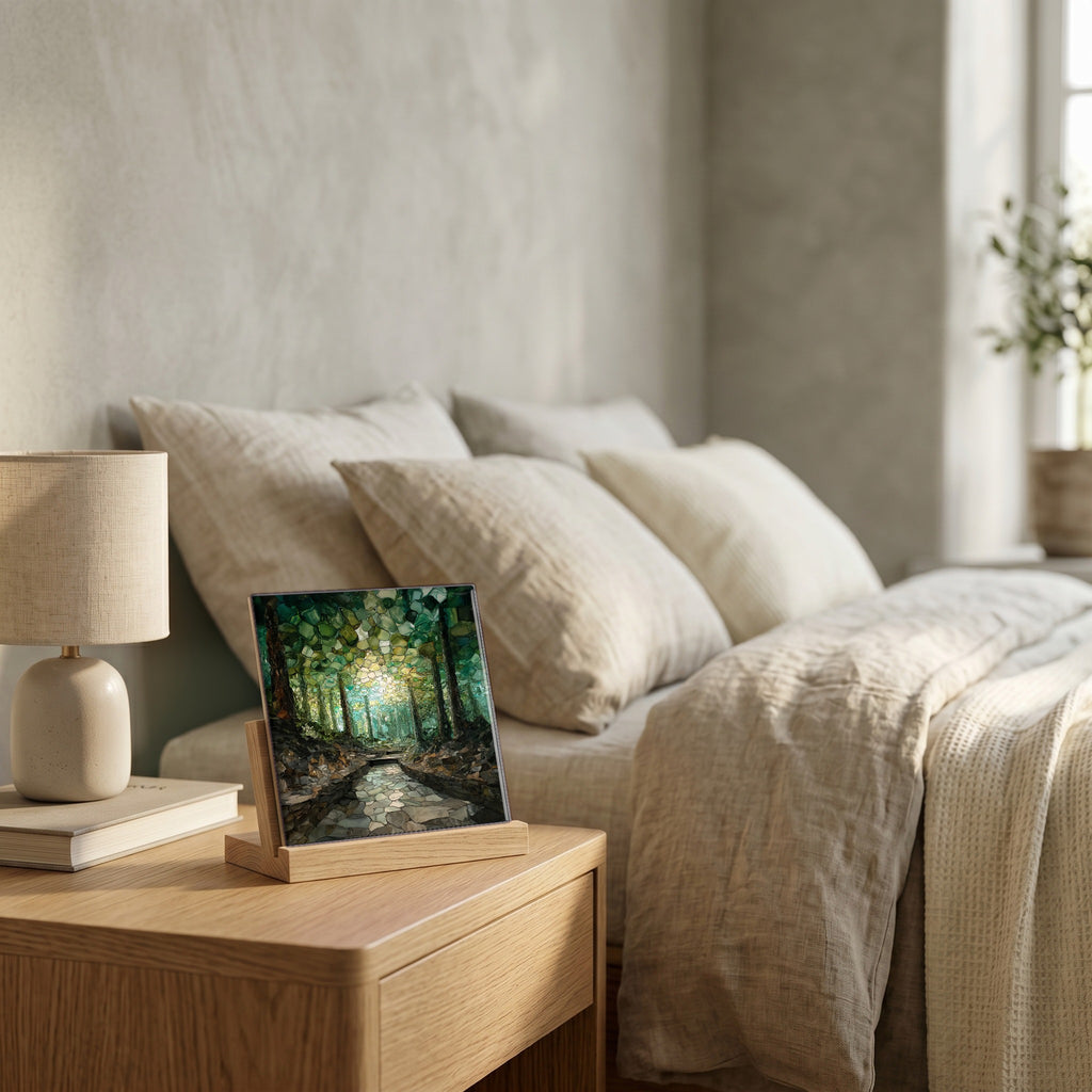 On the nightstand, catching the morning.