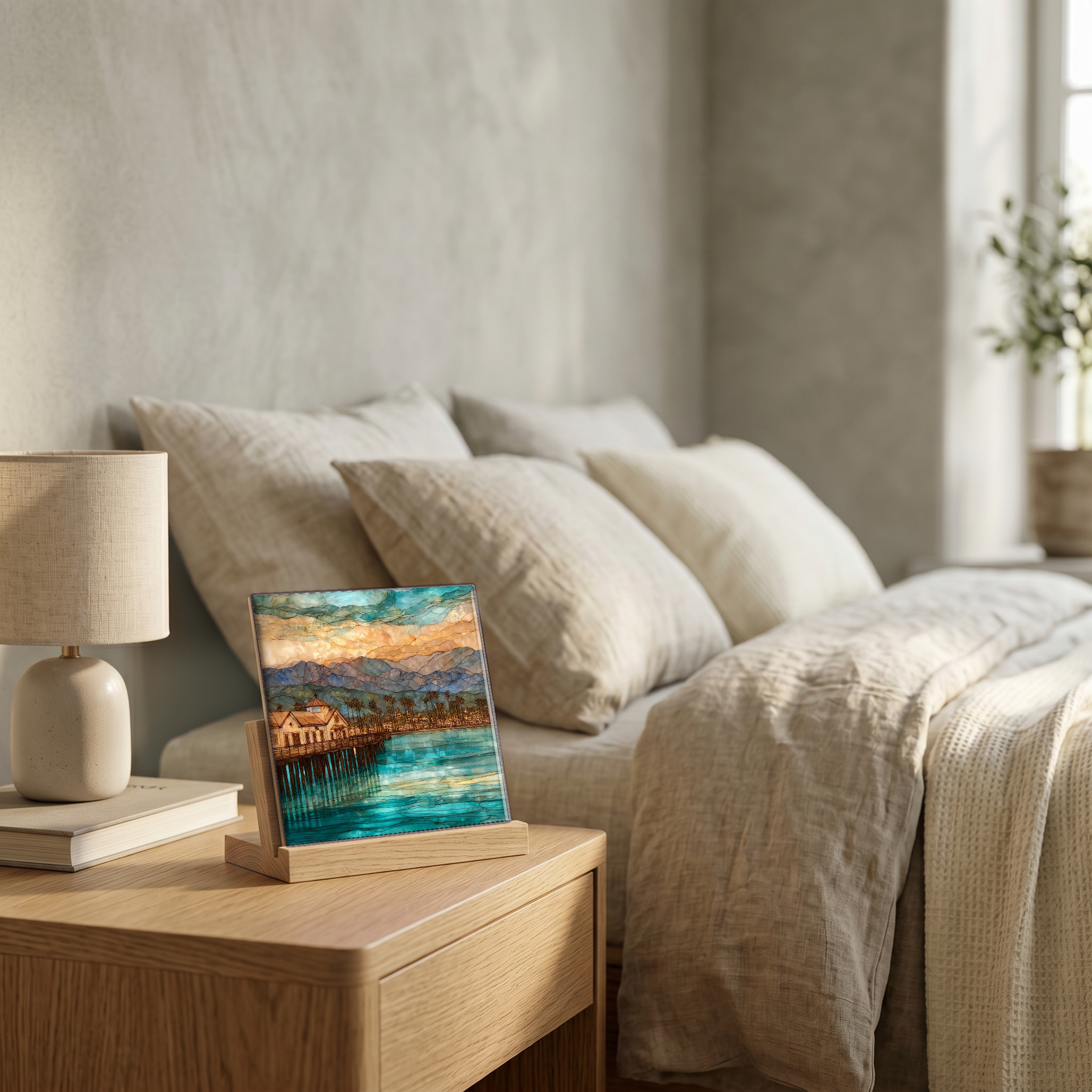 On the nightstand, on a light oak stand.