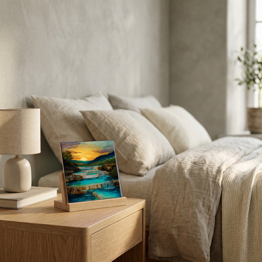 On the nightstand, on a light oak stand.