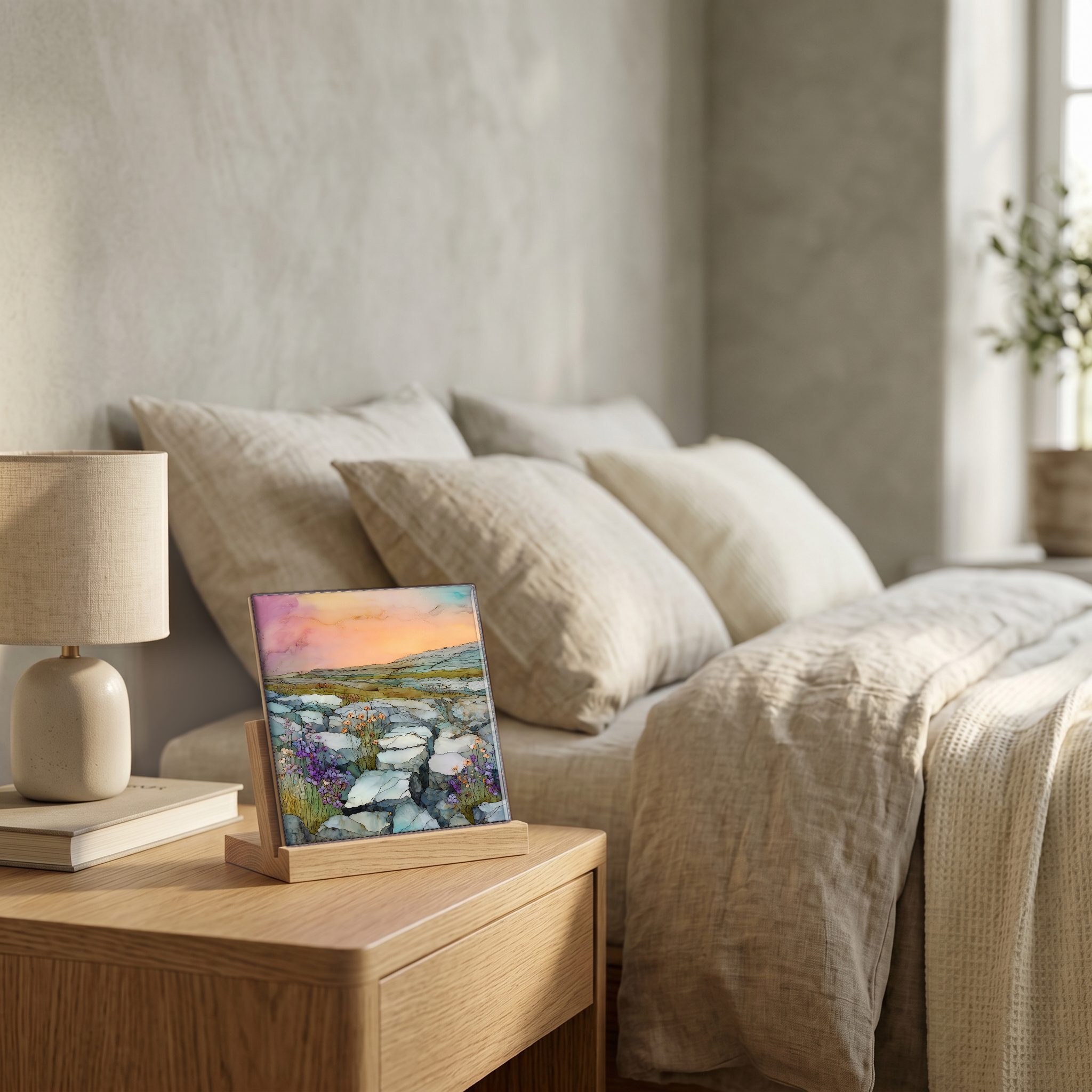 On the nightstand, on a light oak stand.
