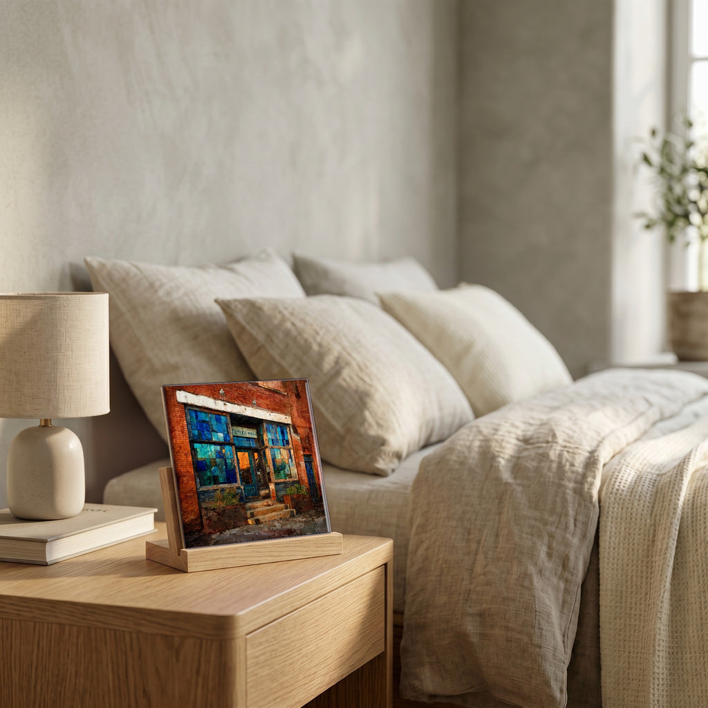On the nightstand, catching the morning.