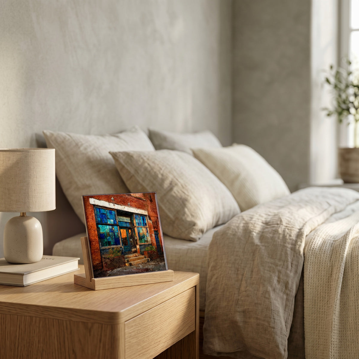 On the nightstand, catching the morning.