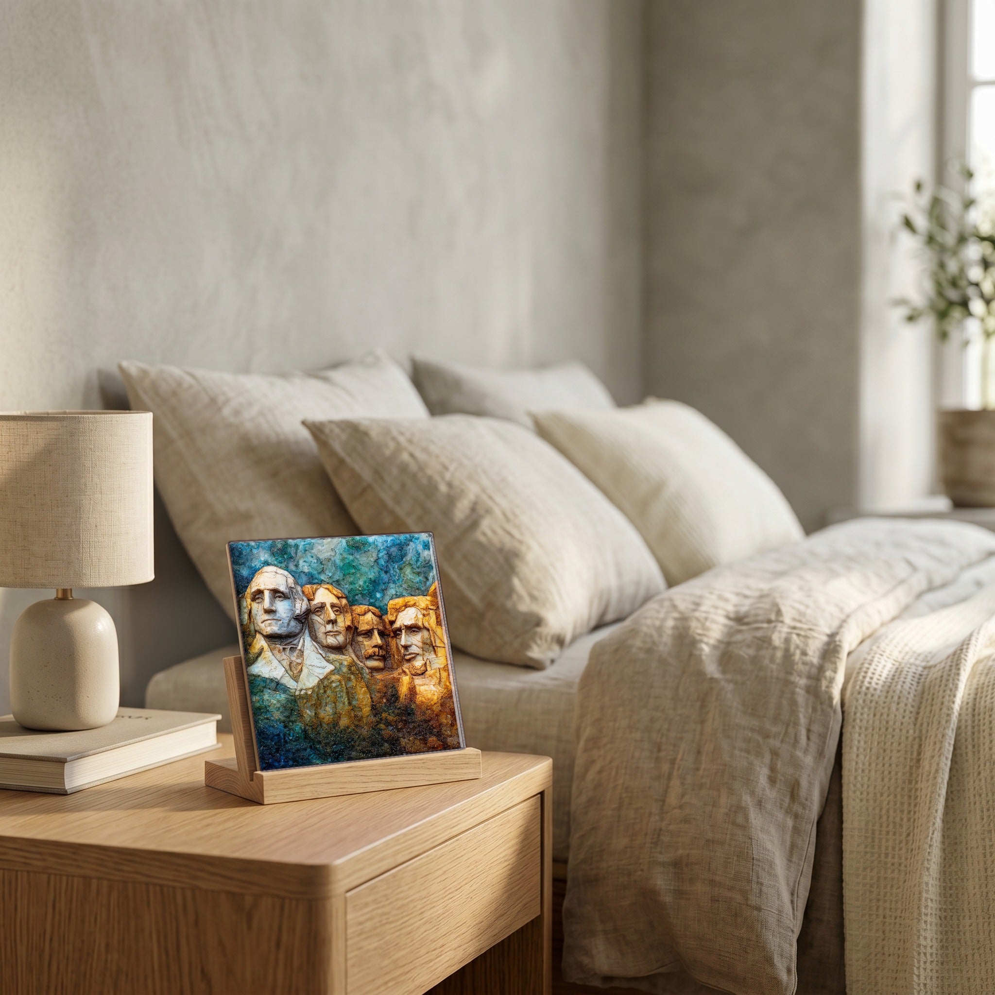 On the nightstand, catching the morning.