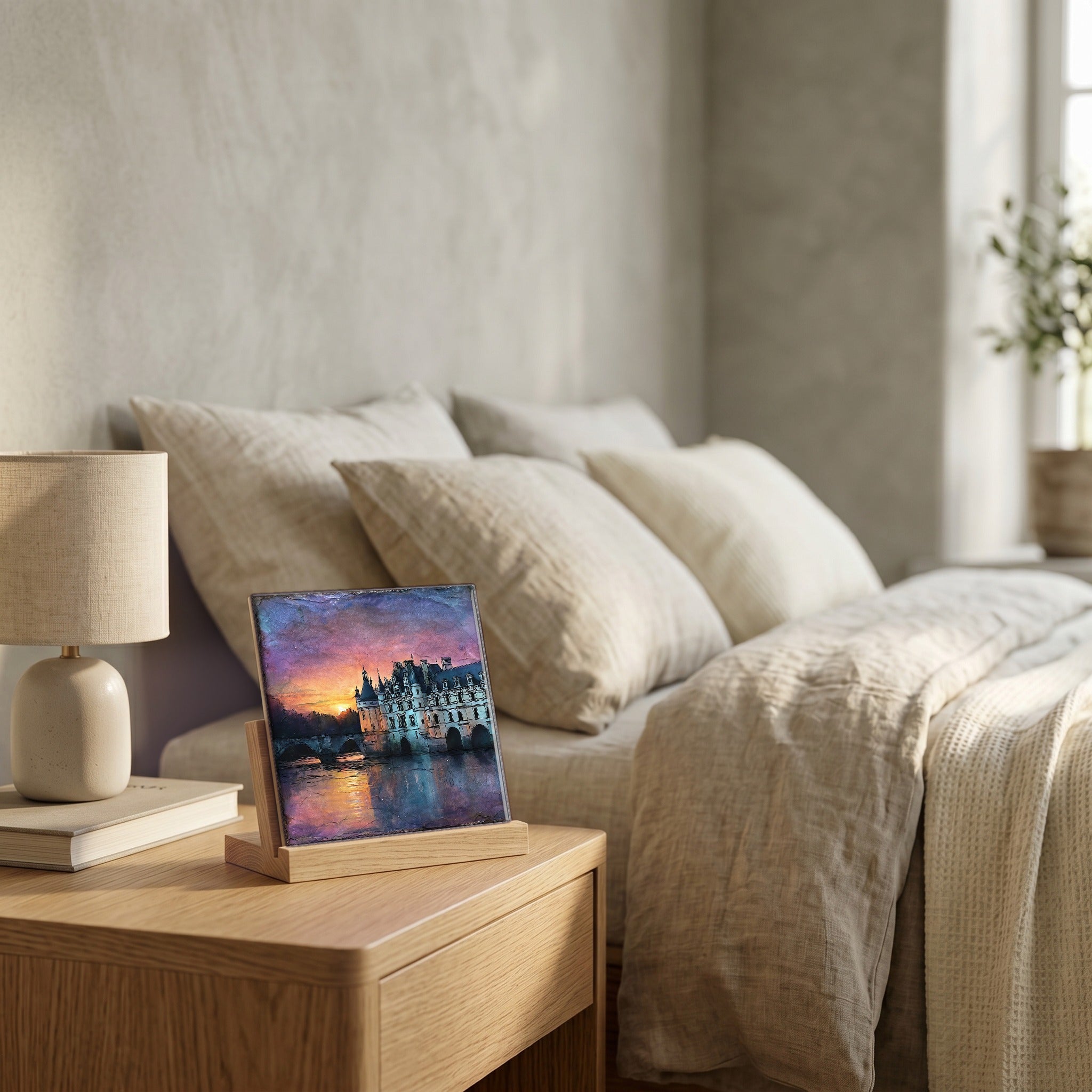 On the nightstand, on a light oak stand.