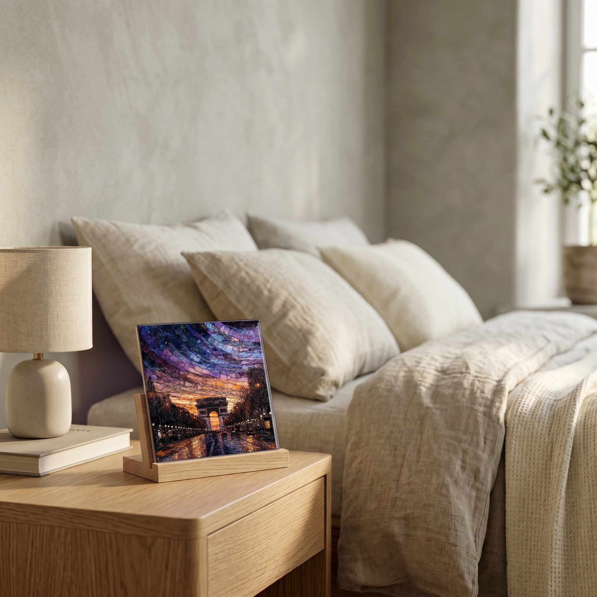 On the nightstand, on a light oak stand.