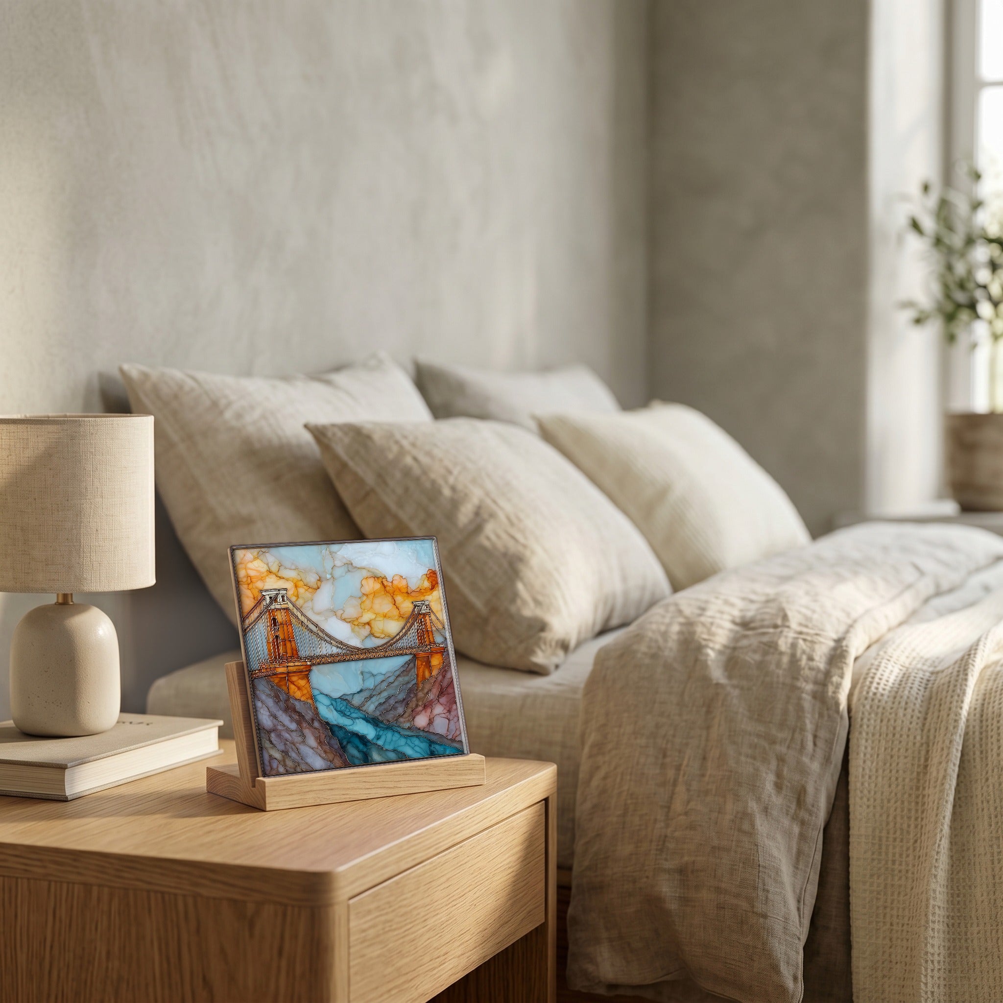 On the nightstand, on a light oak stand.