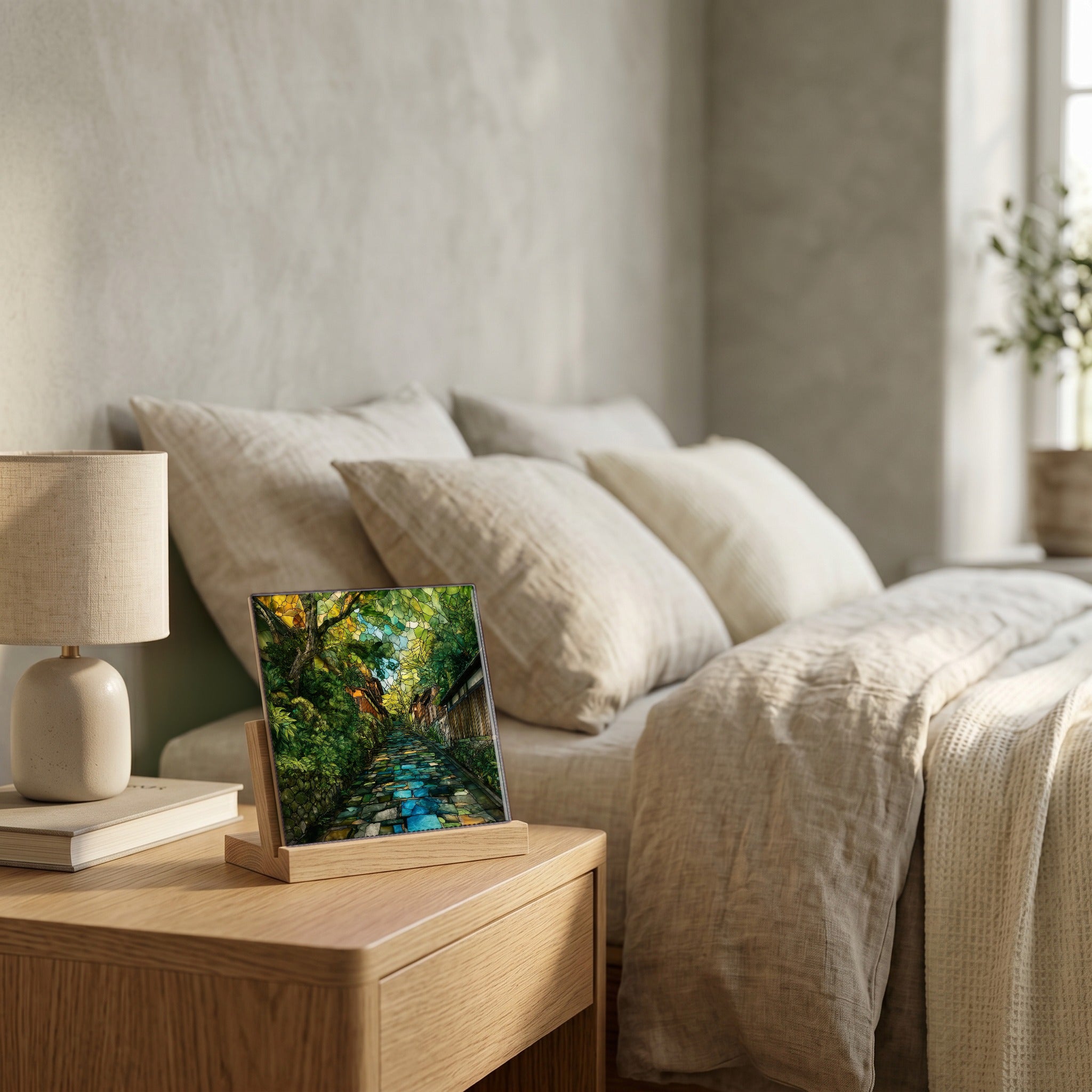 On the nightstand, catching the morning.