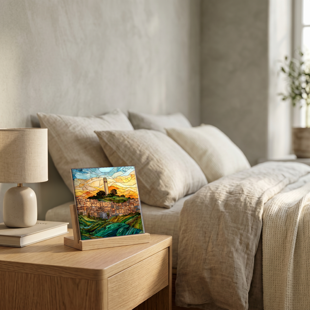 On the nightstand, on a light oak stand.