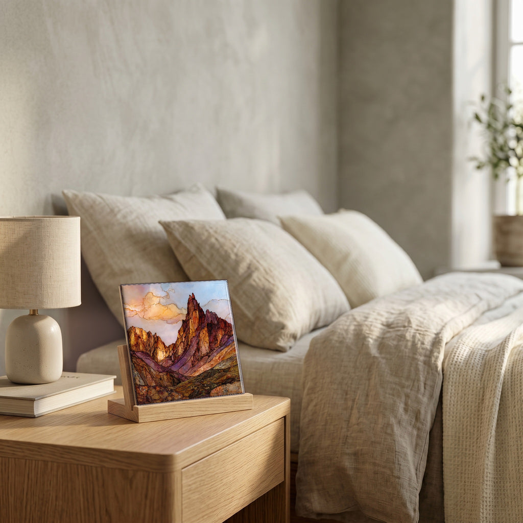 On the nightstand, on a light oak stand.