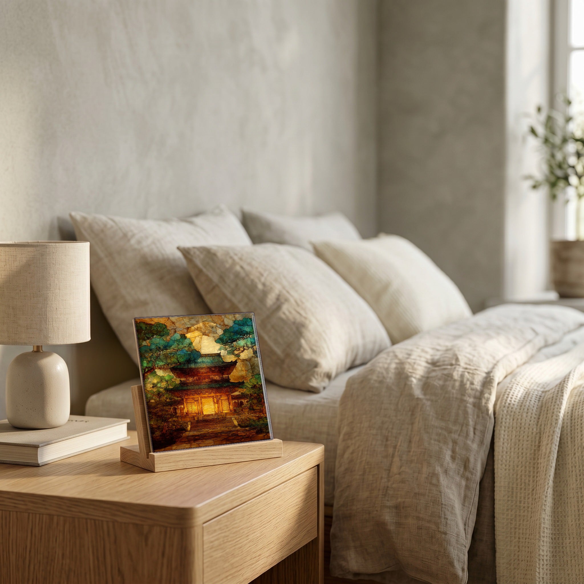 On the nightstand, catching the morning.
