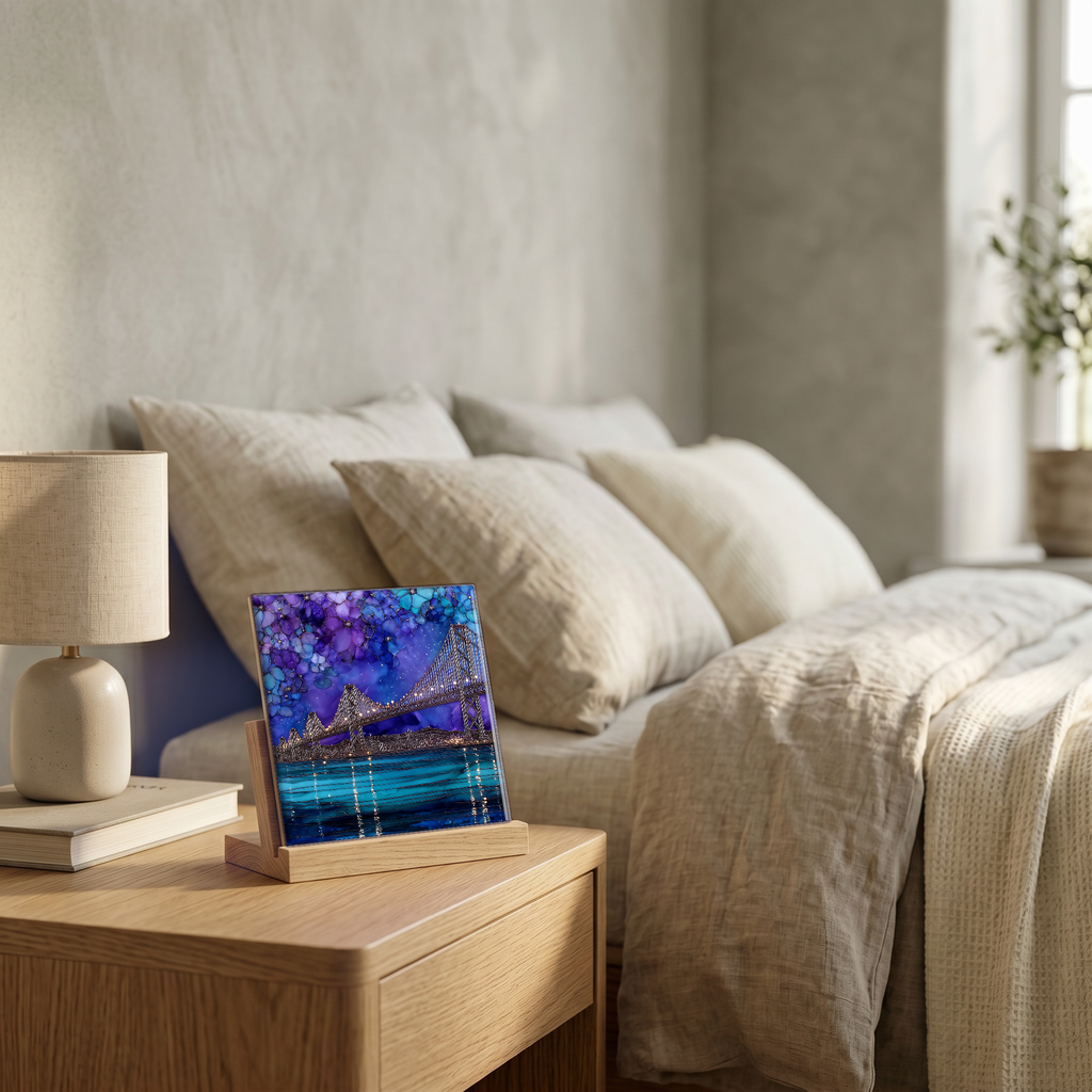 On the nightstand, on a light oak stand.