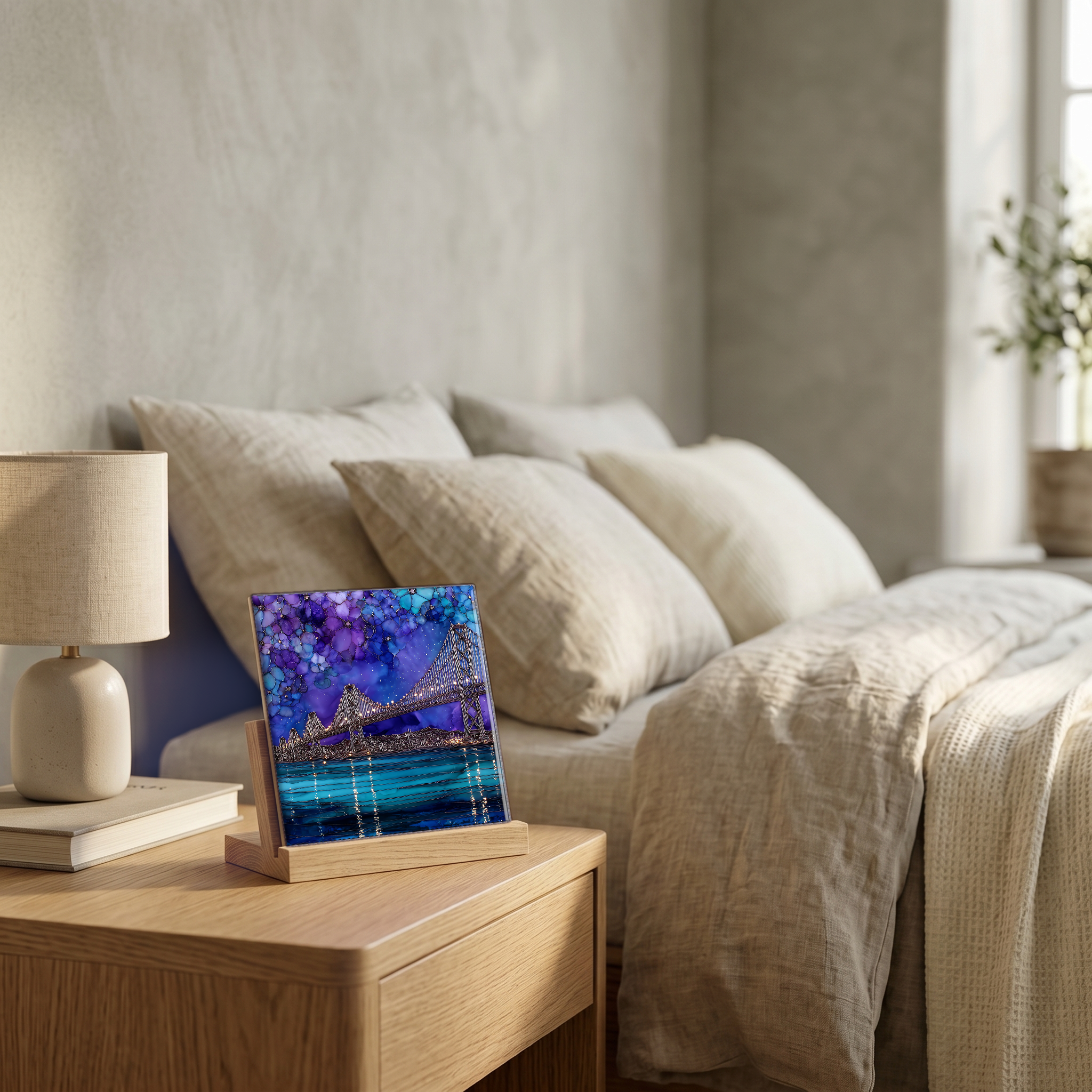 On the nightstand, on a light oak stand.