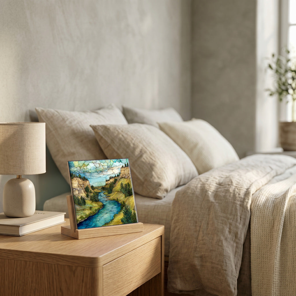 On the nightstand, catching the morning.