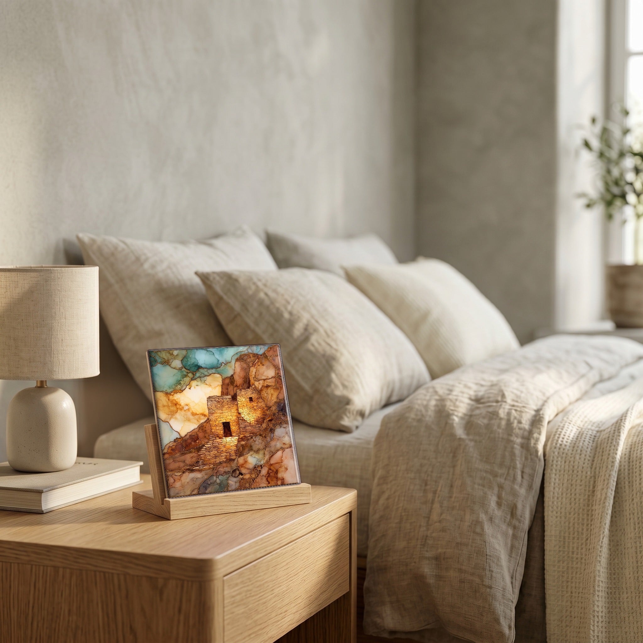 On the nightstand, catching the morning.