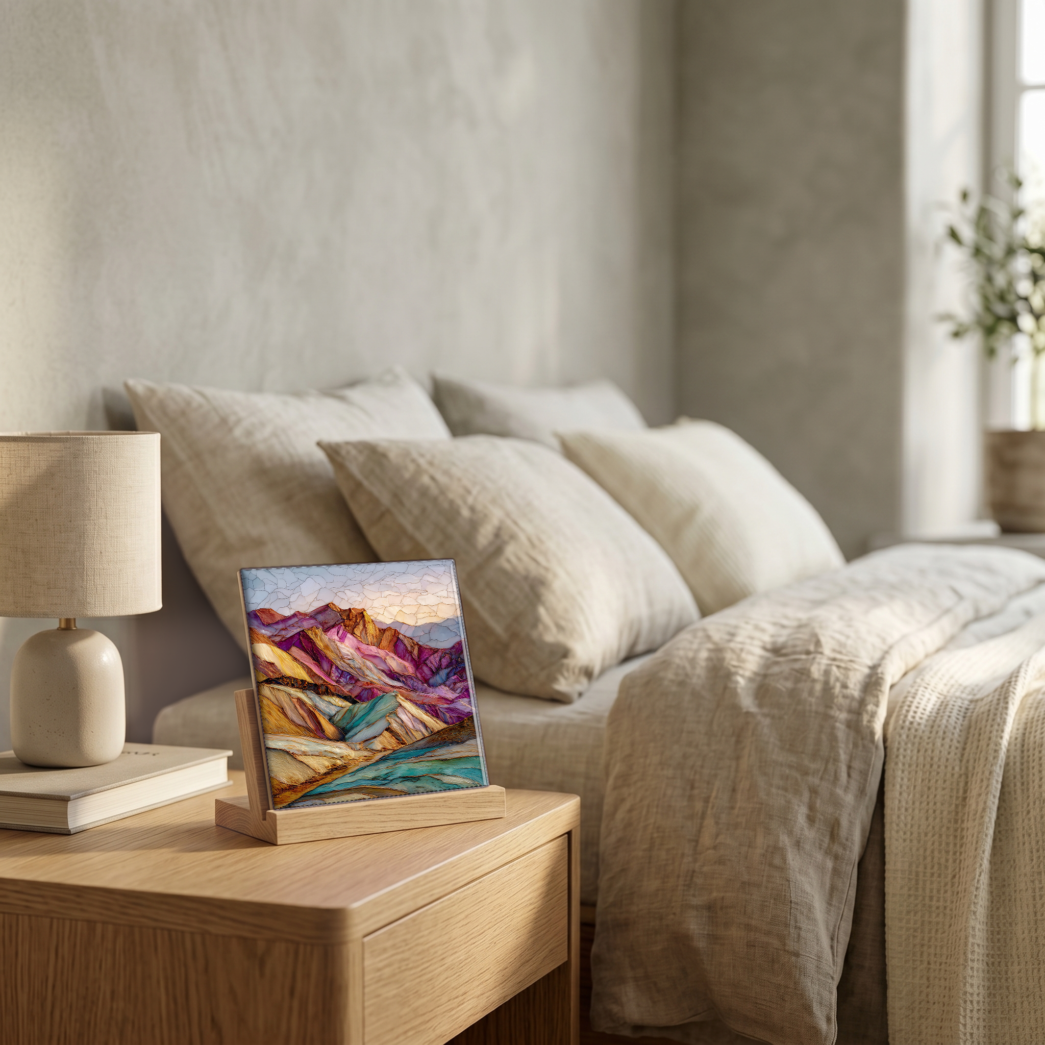 On the nightstand, on a light oak stand.