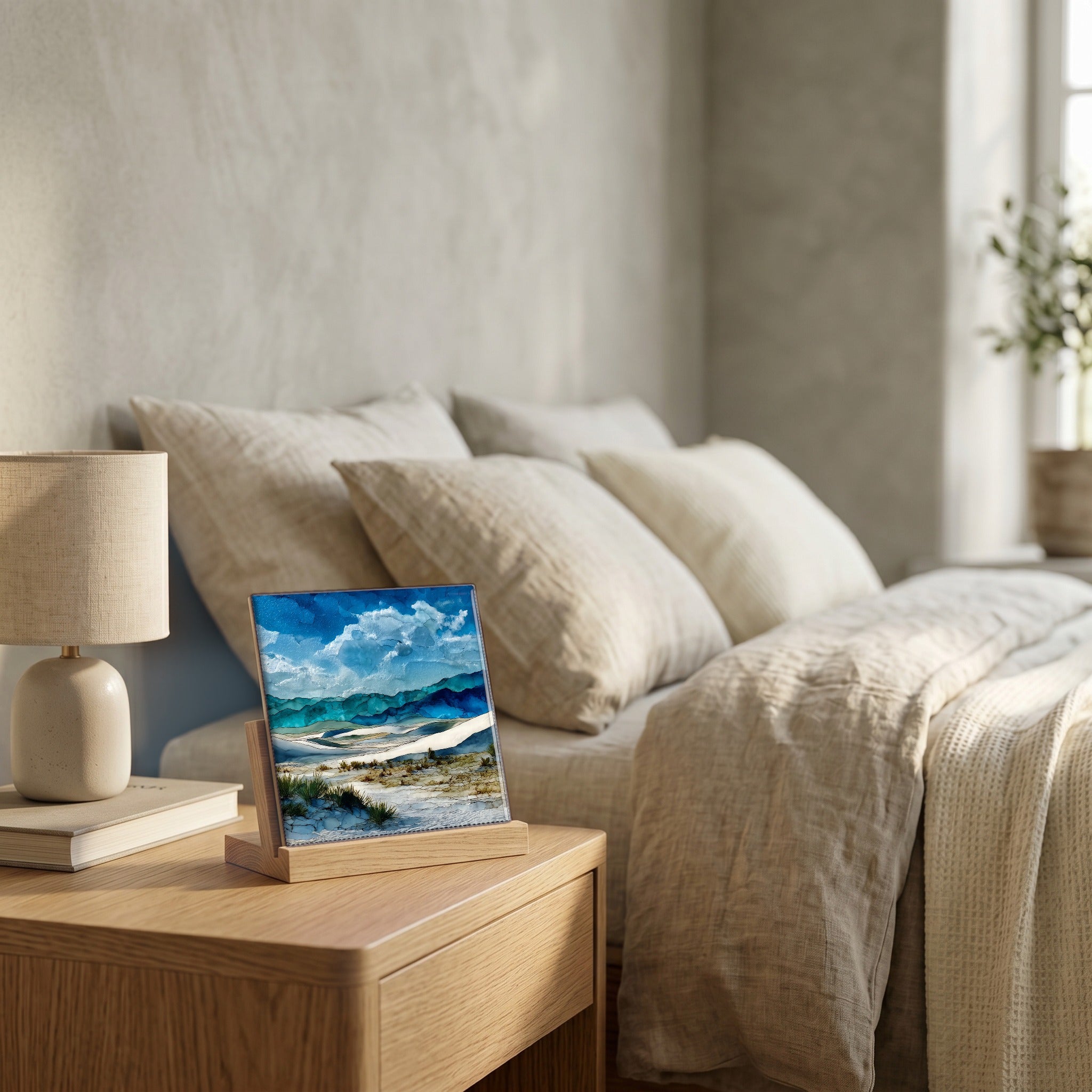 On the nightstand, catching the morning.