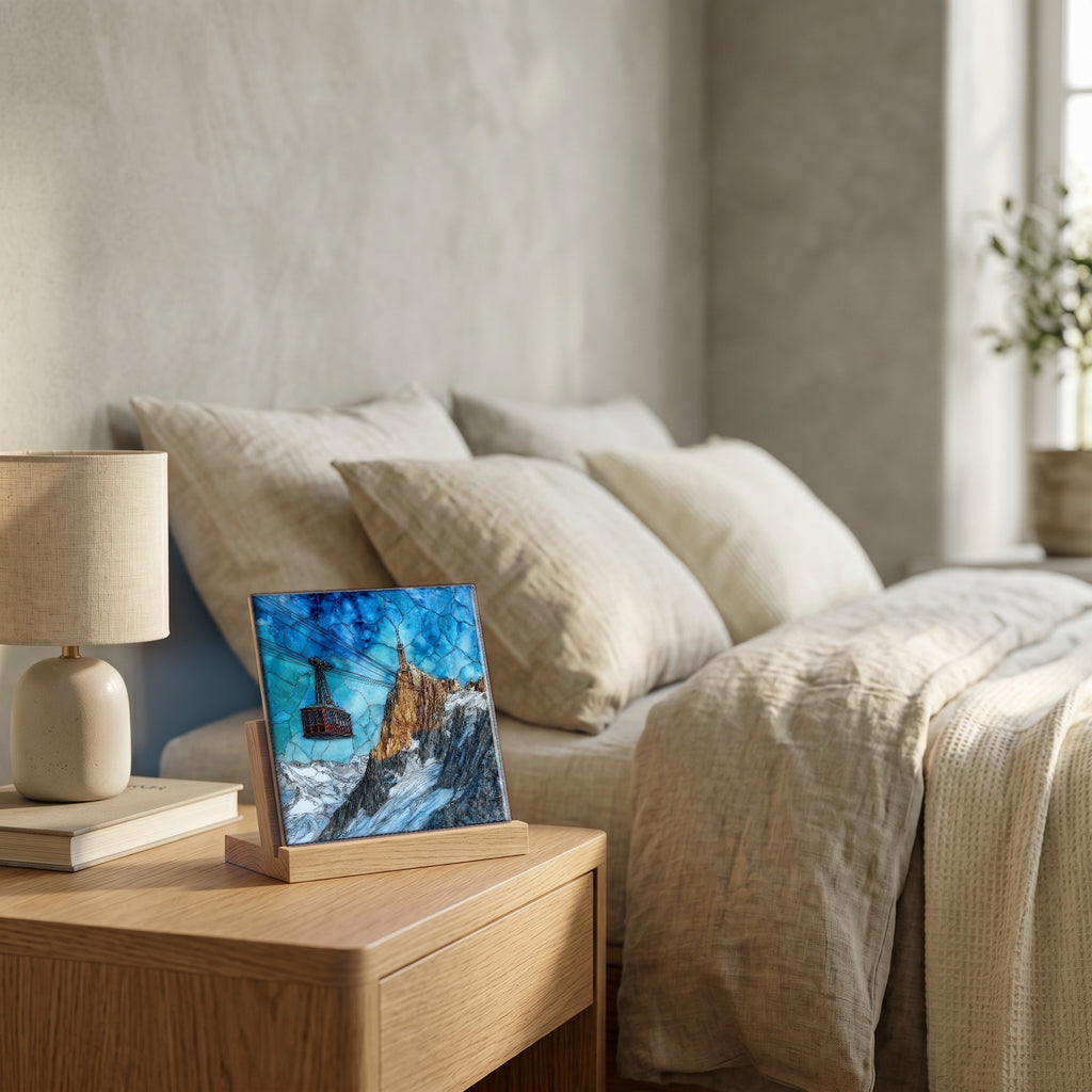 On the nightstand, on a light oak stand.