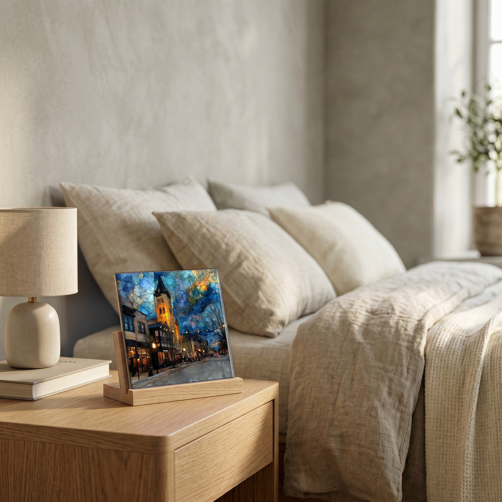 On the nightstand, catching the morning.