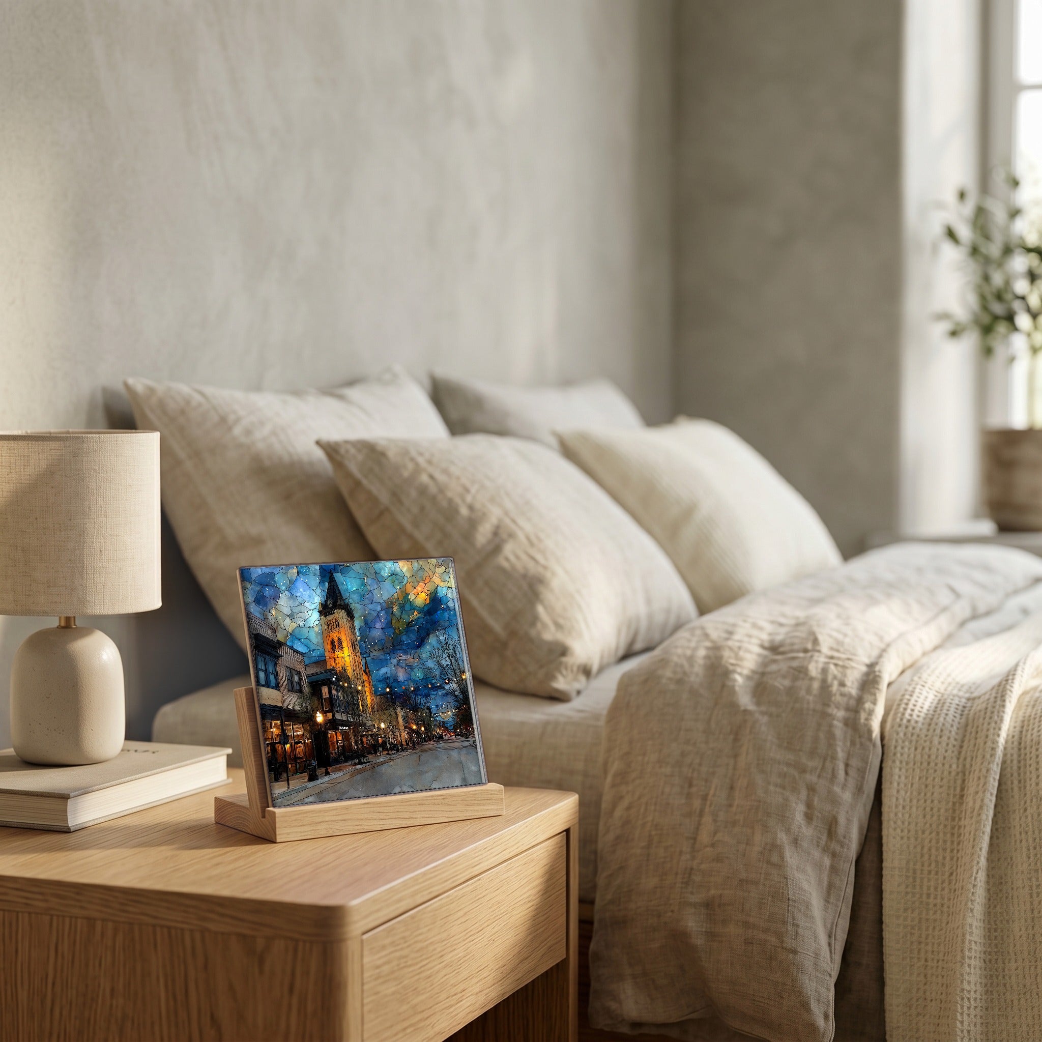 On the nightstand, catching the morning.