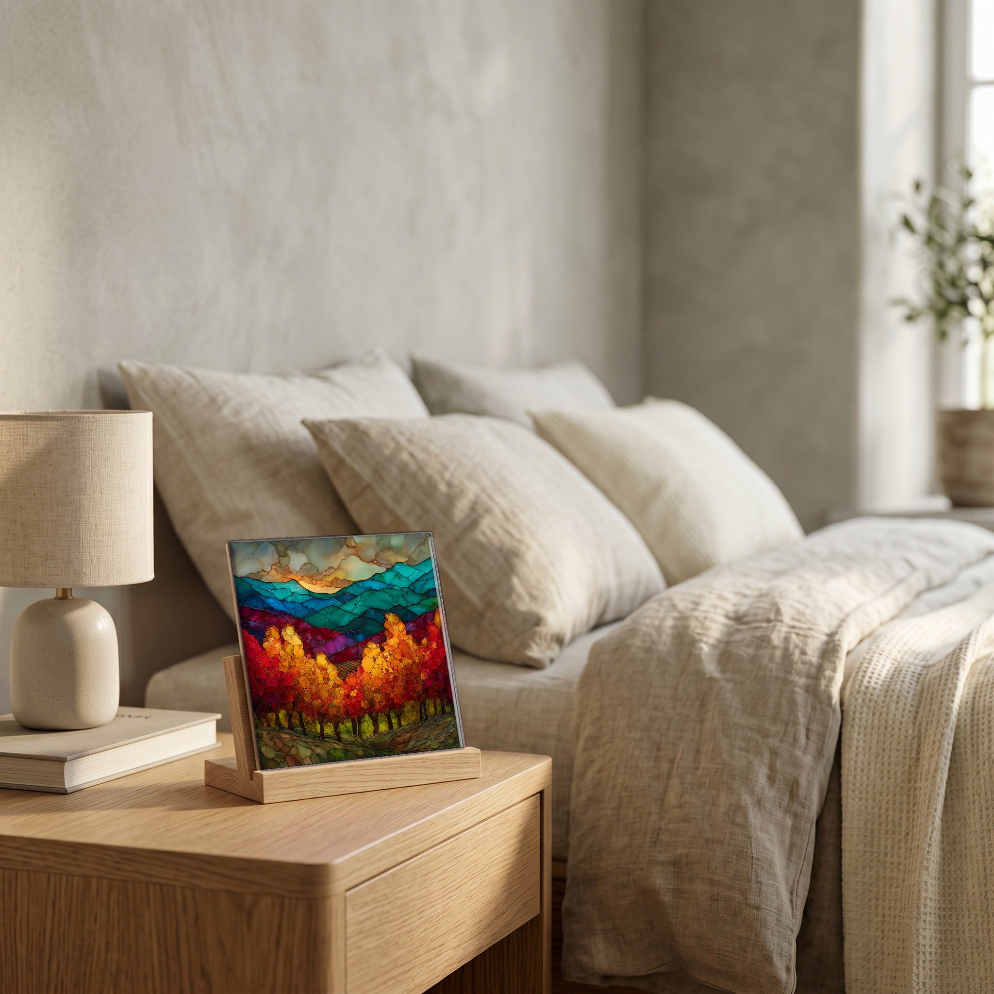 On the nightstand, catching the morning.