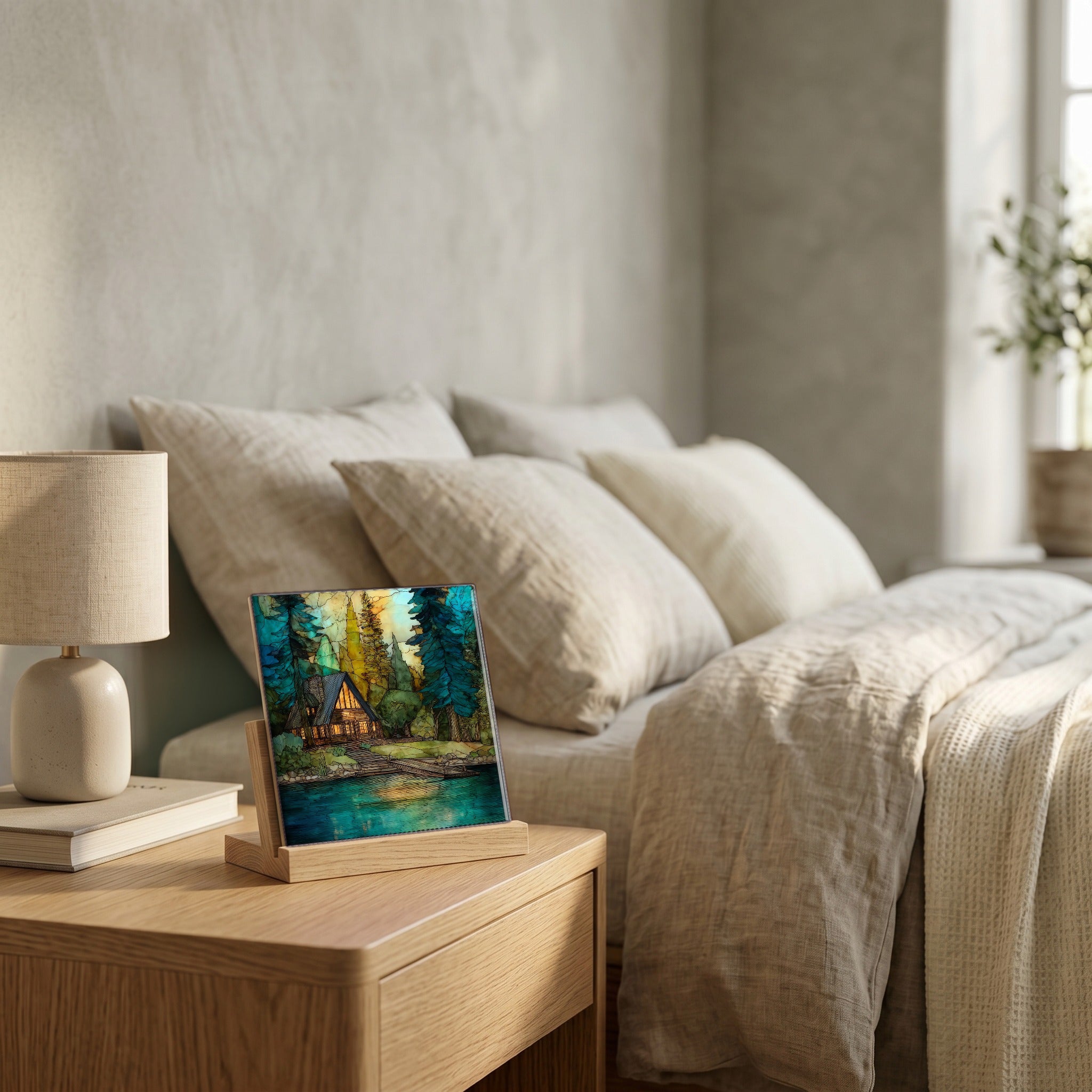 On the nightstand, catching the morning.